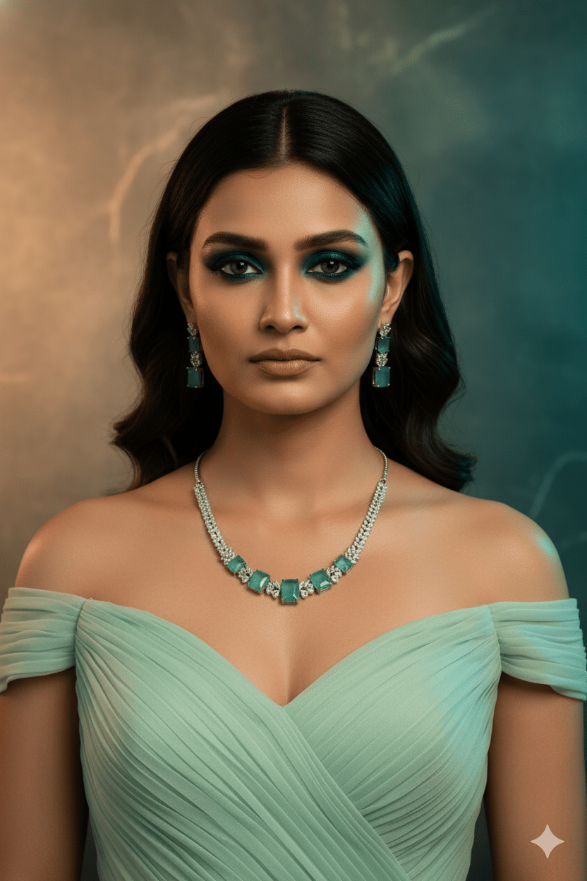 Aqua Block Elegant Diamond Necklace Set - Maxiblink