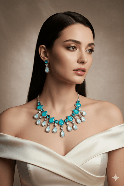 Aqua Blue Korean Glass Stone Jewelry Necklace Set | Rhodium Plated Statement Jewelry with Earrings - Maxiblink