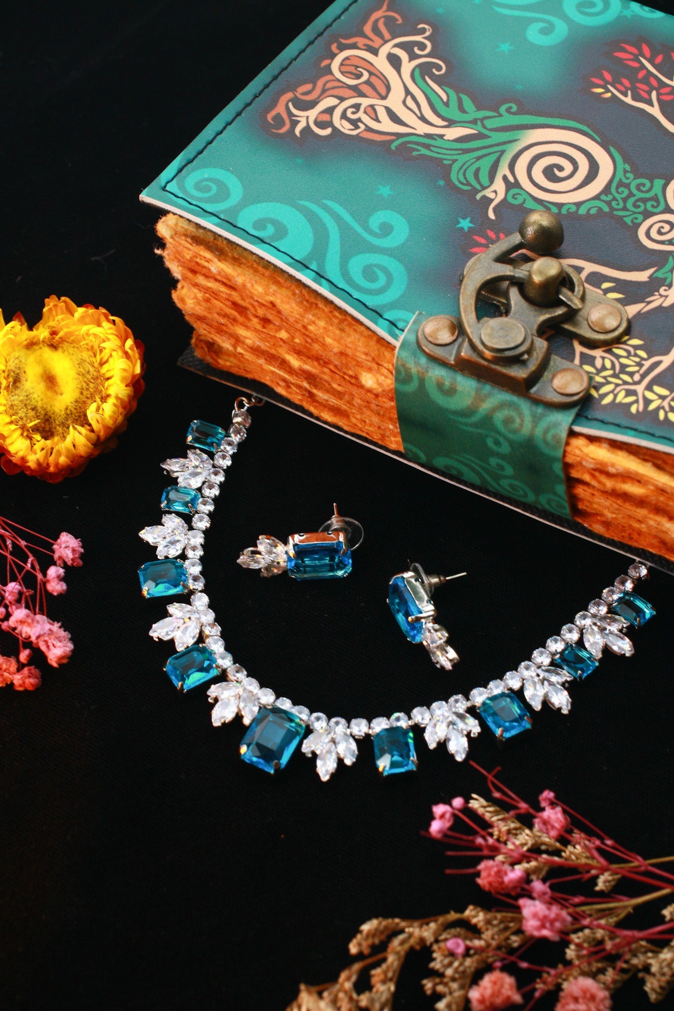 Aqua Blue Korean Glass Stone Necklace Set | Premium Crystal Jewellery - Maxiblink