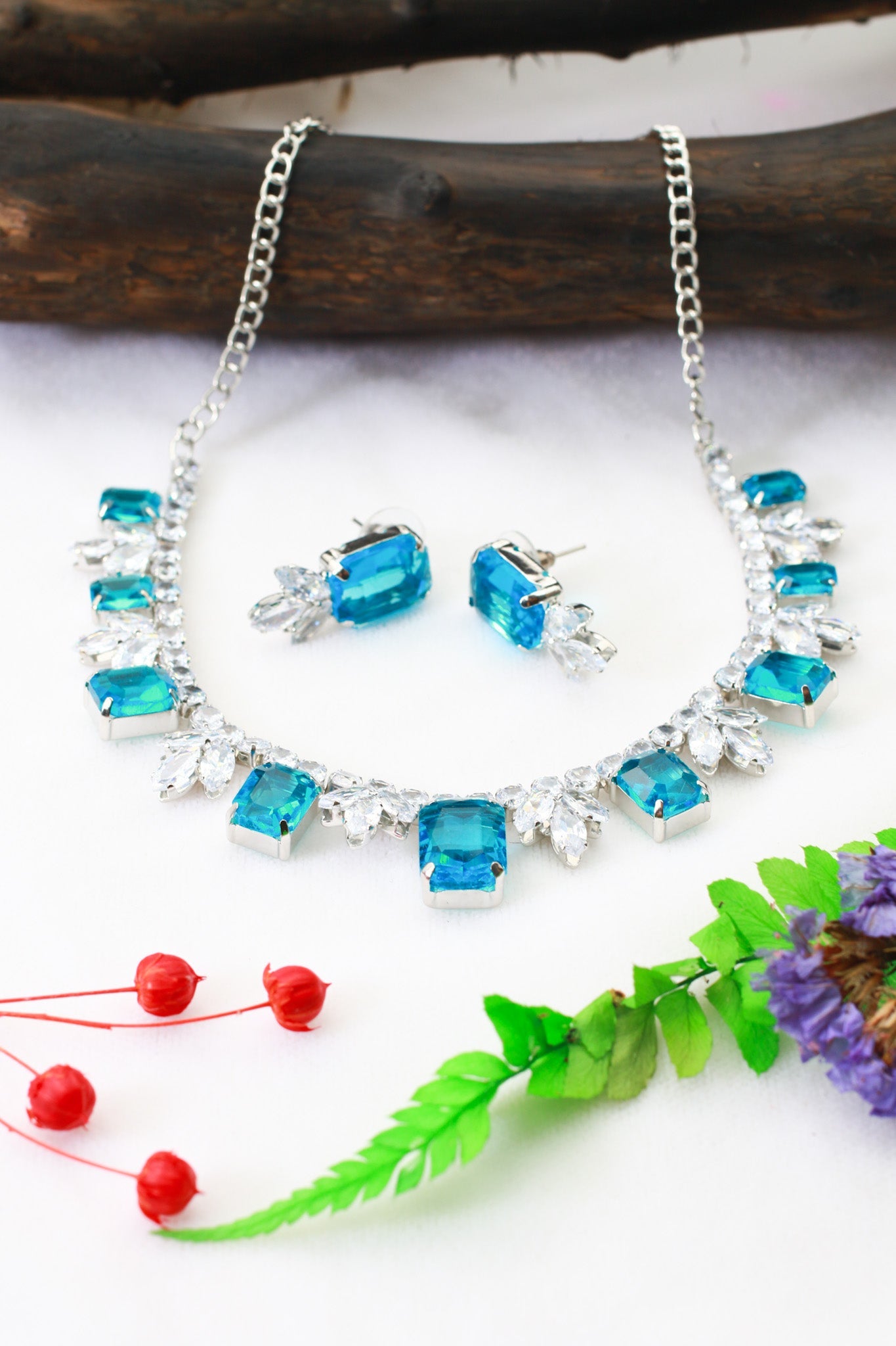 Aqua Blue Korean Glass Stone Necklace Set | Premium Crystal Jewellery - Maxiblink