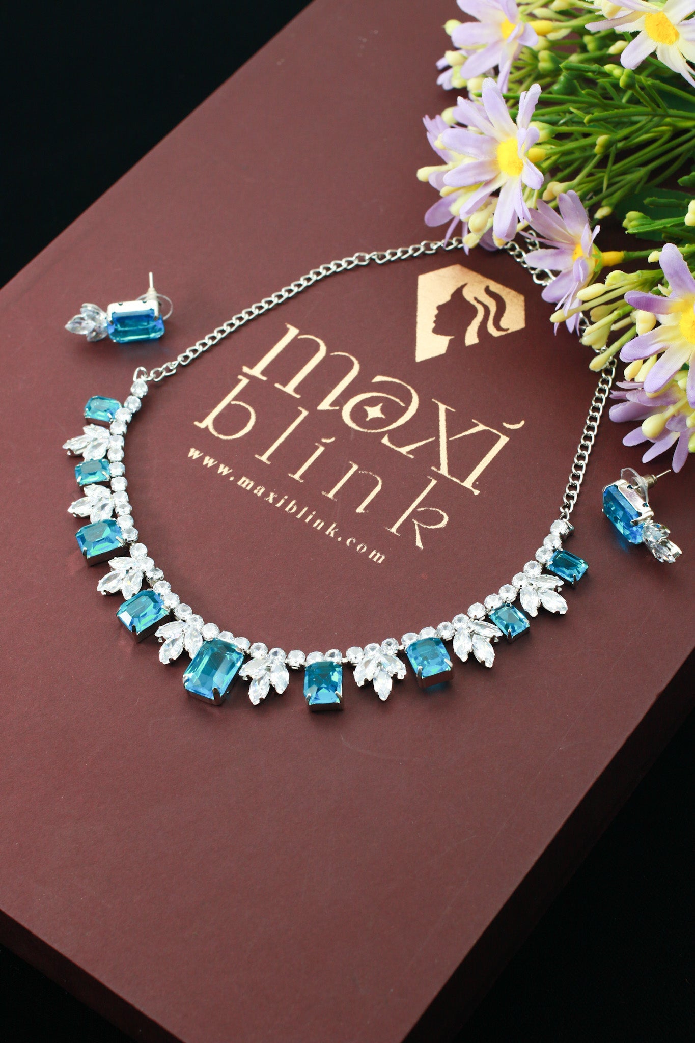 Aqua Blue Korean Glass Stone Necklace Set | Premium Crystal Jewellery - Maxiblink