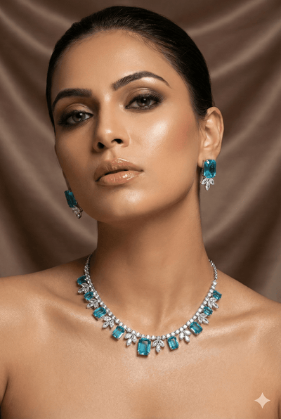 Aqua Blue Korean Glass Stone Necklace Set | Premium Crystal Jewellery - Maxiblink
