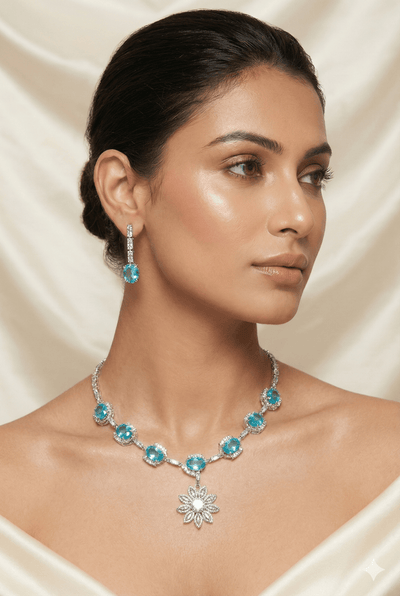 Aqua Blue Korean Glass Stone Necklace Set | Premium Party Jewellery - Maxiblink