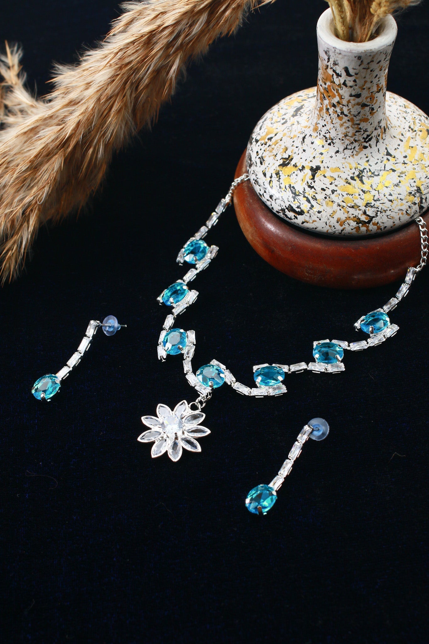 Aqua Blue Korean Glass Stone Necklace Set | Premium Party Jewellery - Maxiblink