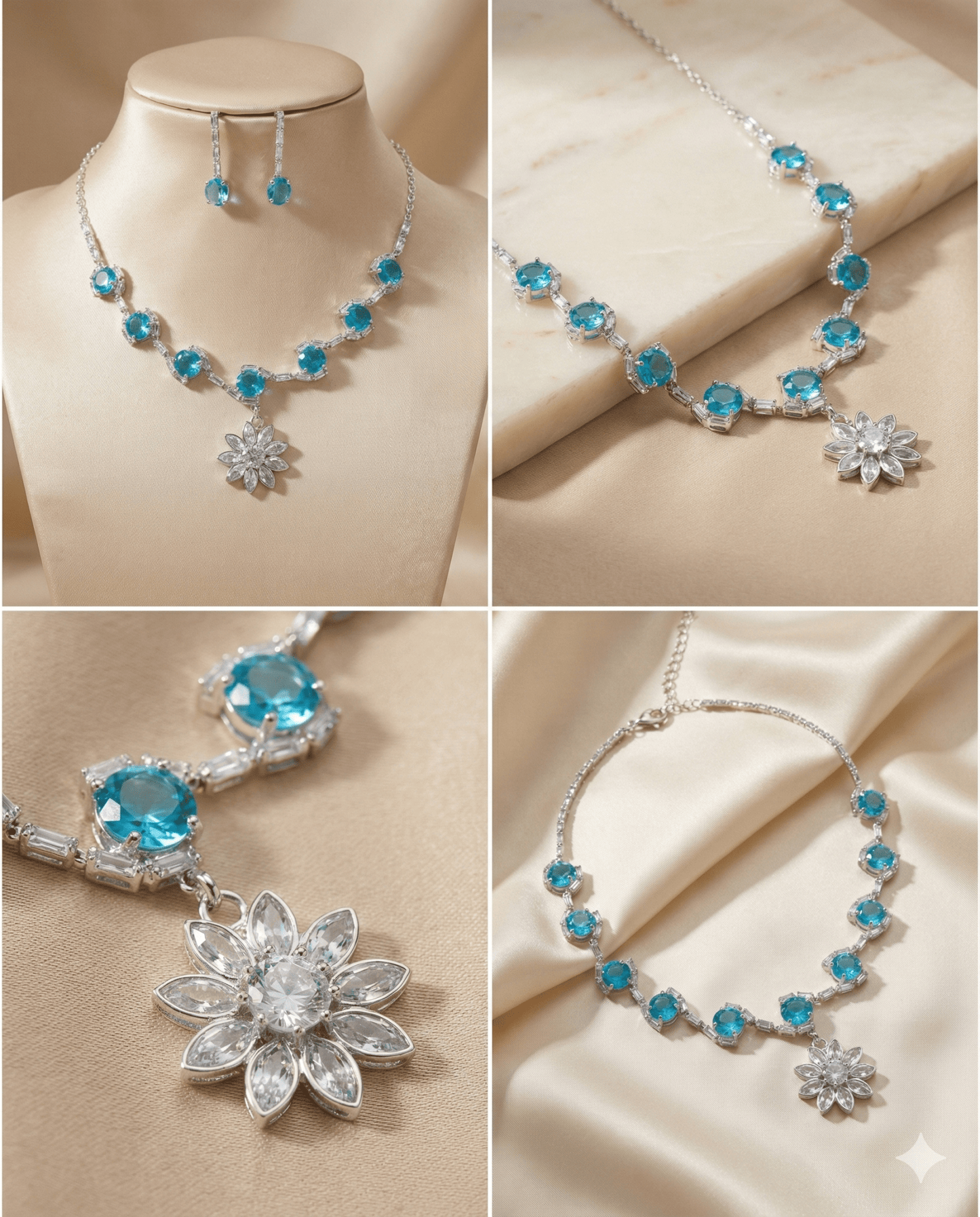 Aqua Blue Korean Glass Stone Necklace Set | Premium Party Jewellery - Maxiblink