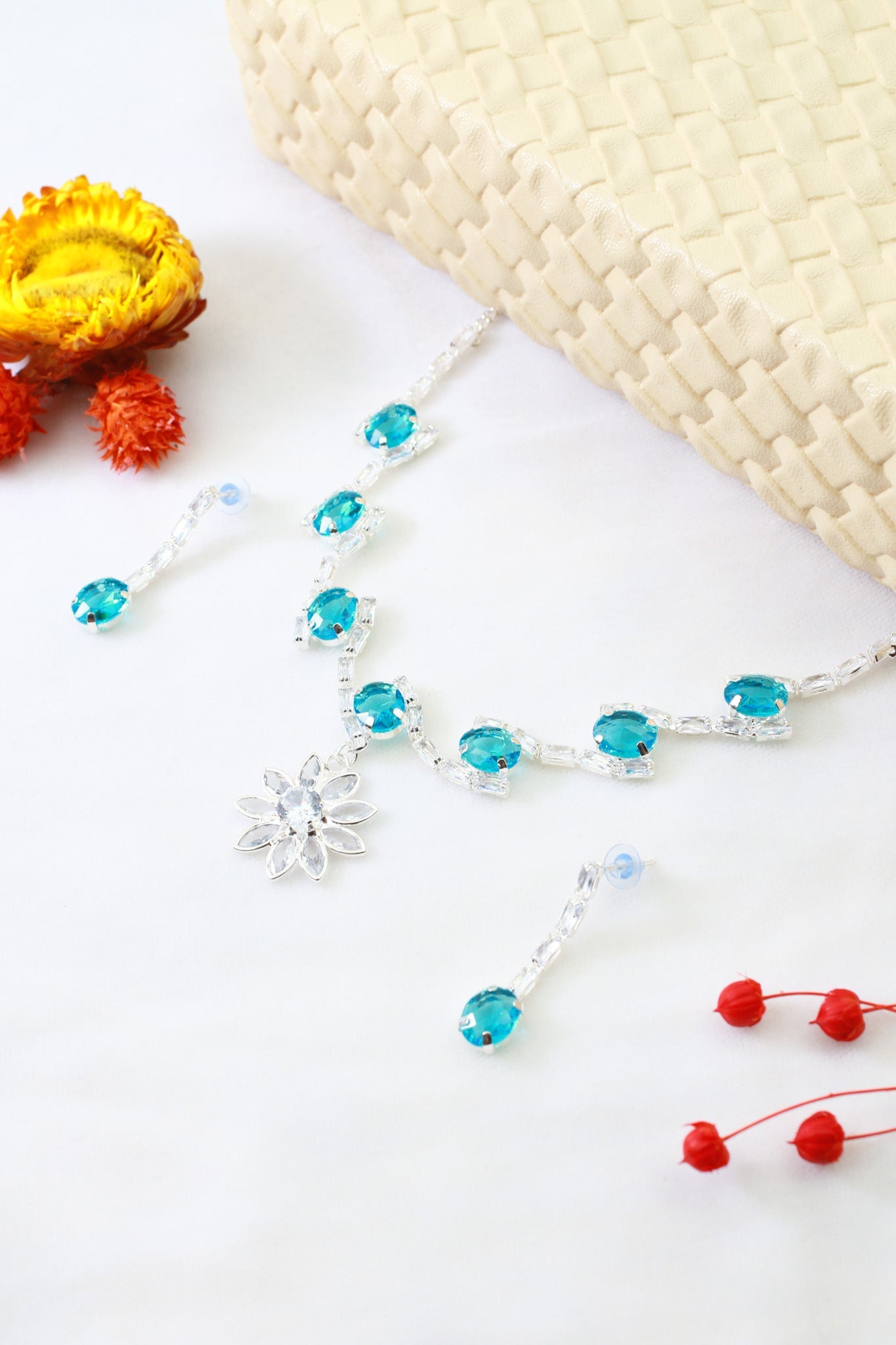 Aqua Blue Korean Glass Stone Necklace Set | Premium Party Jewellery - Maxiblink