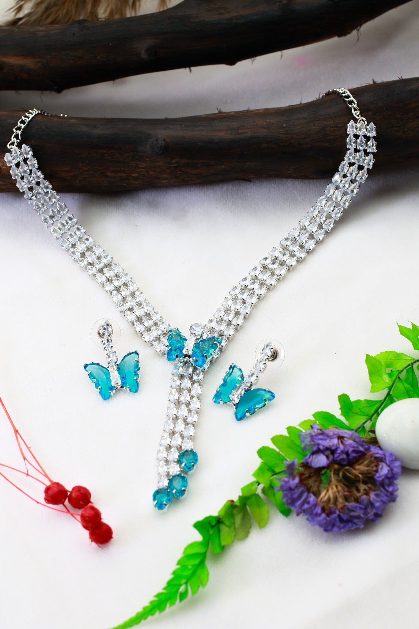 Aqua Butterfly Drop Korean Glass Stone Necklace Set | Statement Jewellery - Maxiblink