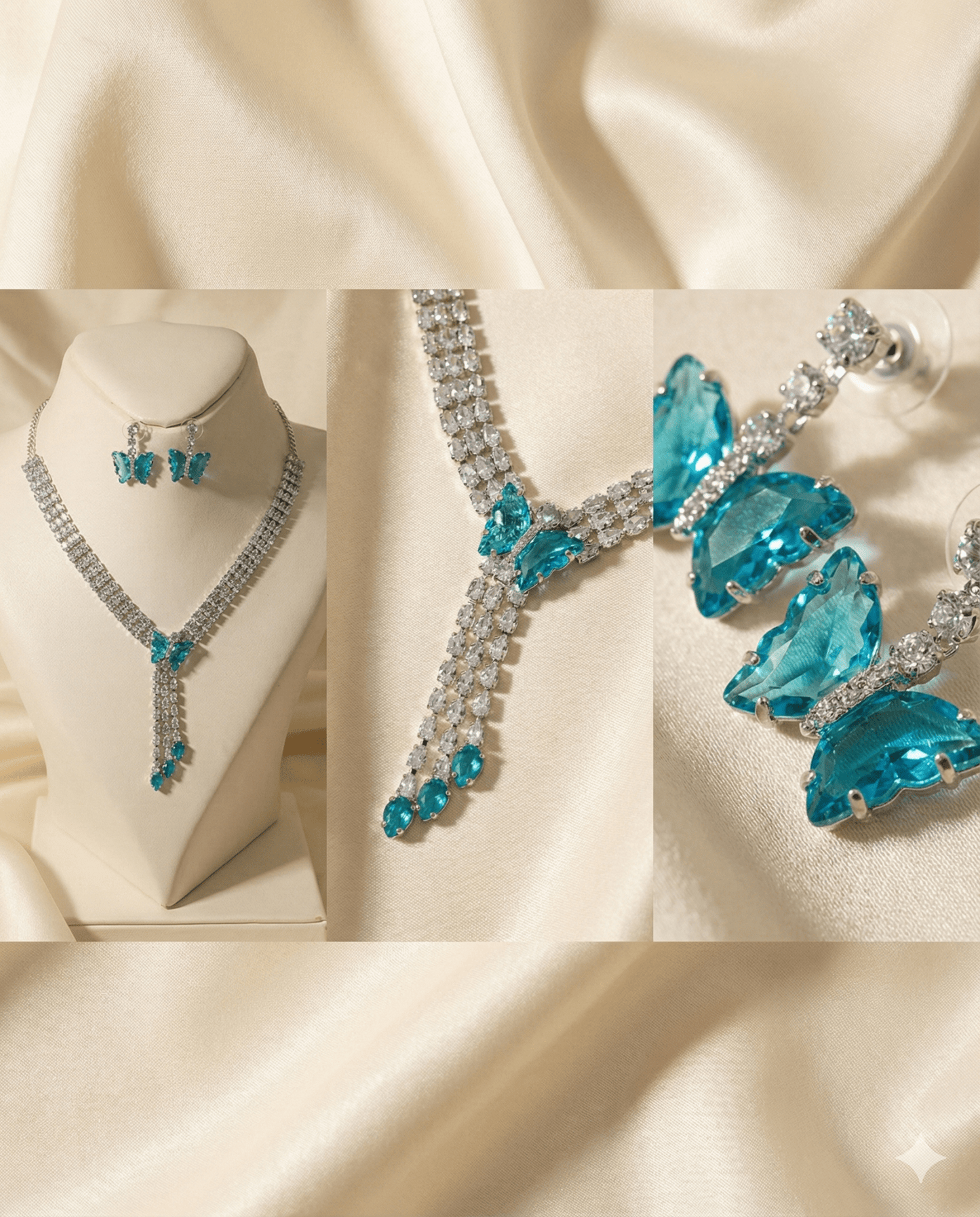 Aqua Butterfly Drop Korean Glass Stone Necklace Set | Statement Jewellery - Maxiblink