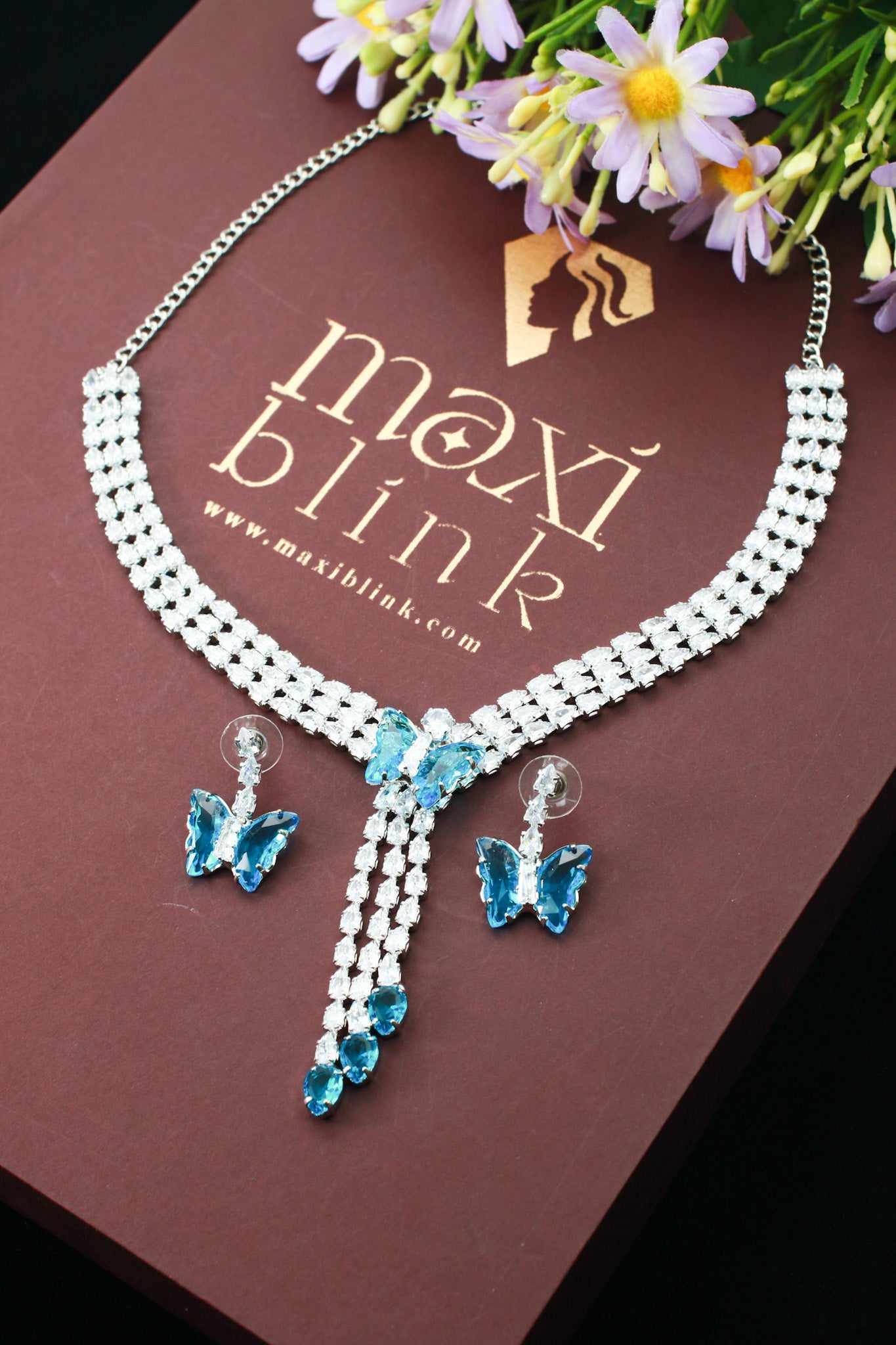 Aqua Butterfly Drop Korean Glass Stone Necklace Set | Statement Jewellery - Maxiblink