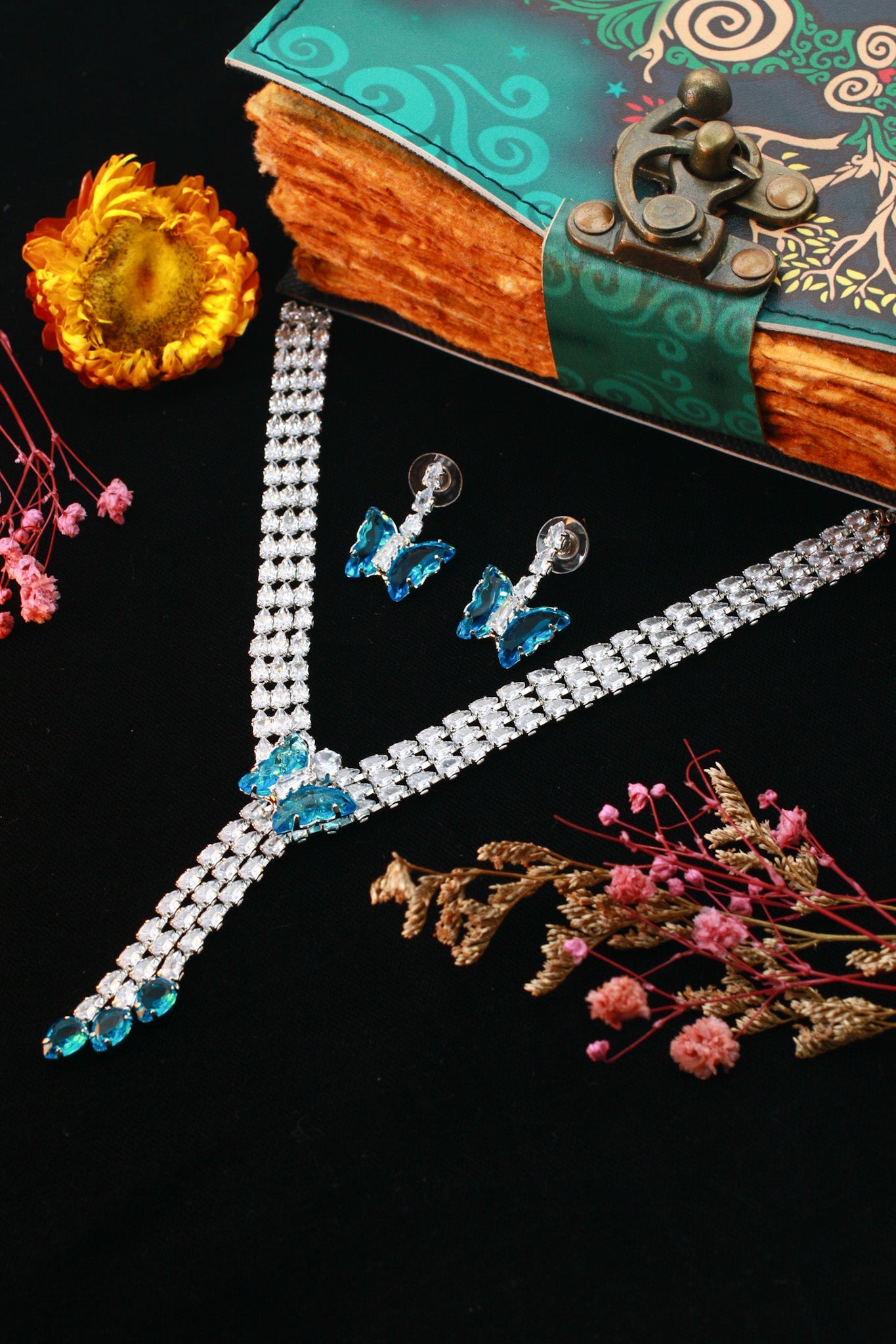 Aqua Butterfly Drop Korean Glass Stone Necklace Set | Statement Jewellery - Maxiblink