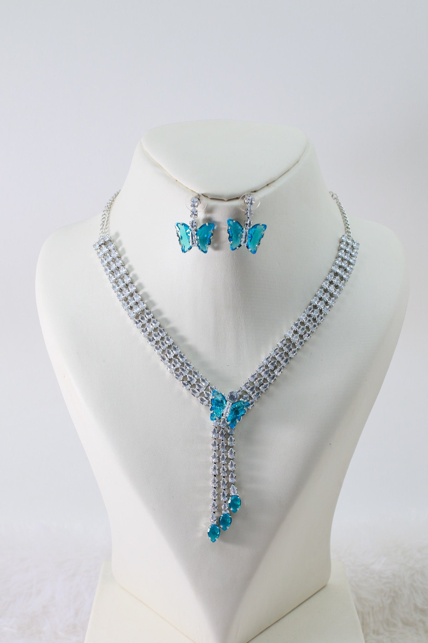 Aqua Butterfly Drop Korean Glass Stone Necklace Set | Statement Jewellery - Maxiblink