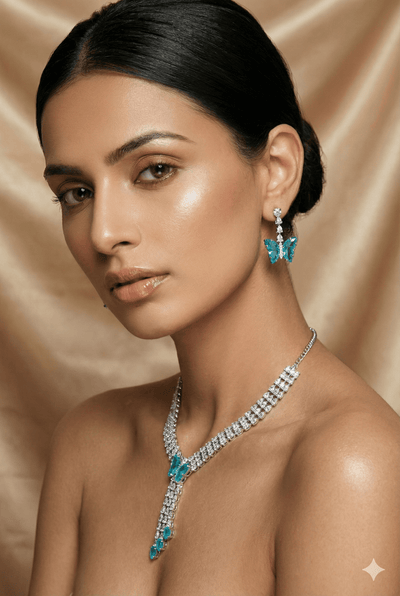 Aqua Butterfly Drop Korean Glass Stone Necklace Set | Statement Jewellery - Maxiblink