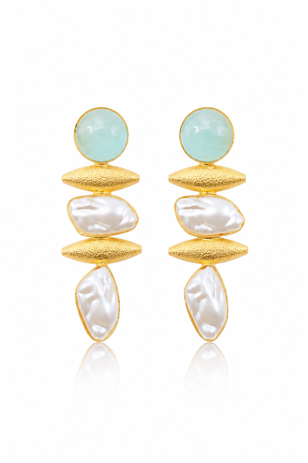 Aqua Chalcedony & Baroque Pearl Drop Earrings – Gold Plated Brass - Maxiblink