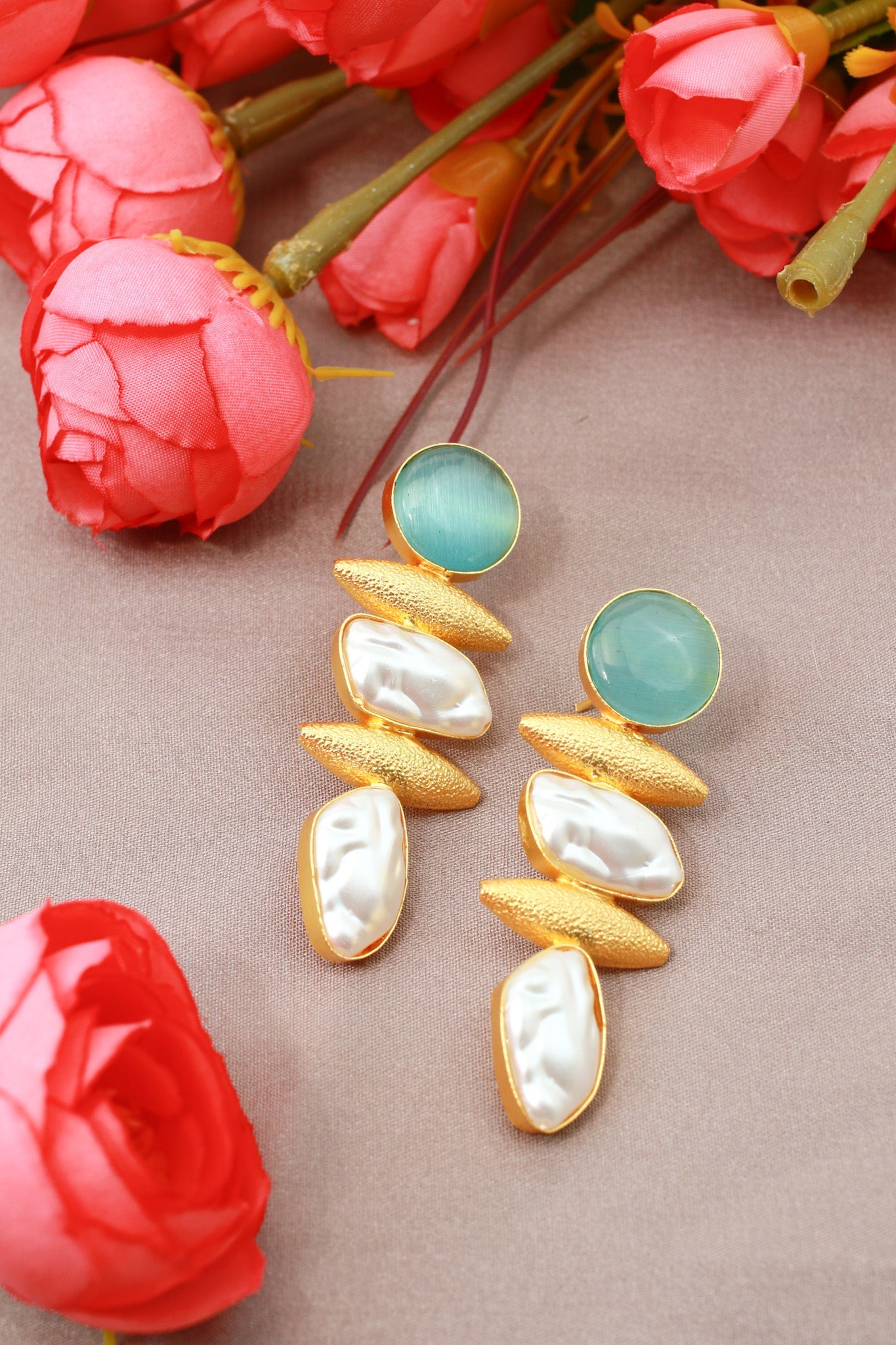 Aqua Chalcedony & Baroque Pearl Drop Earrings – Gold Plated Brass - Maxiblink