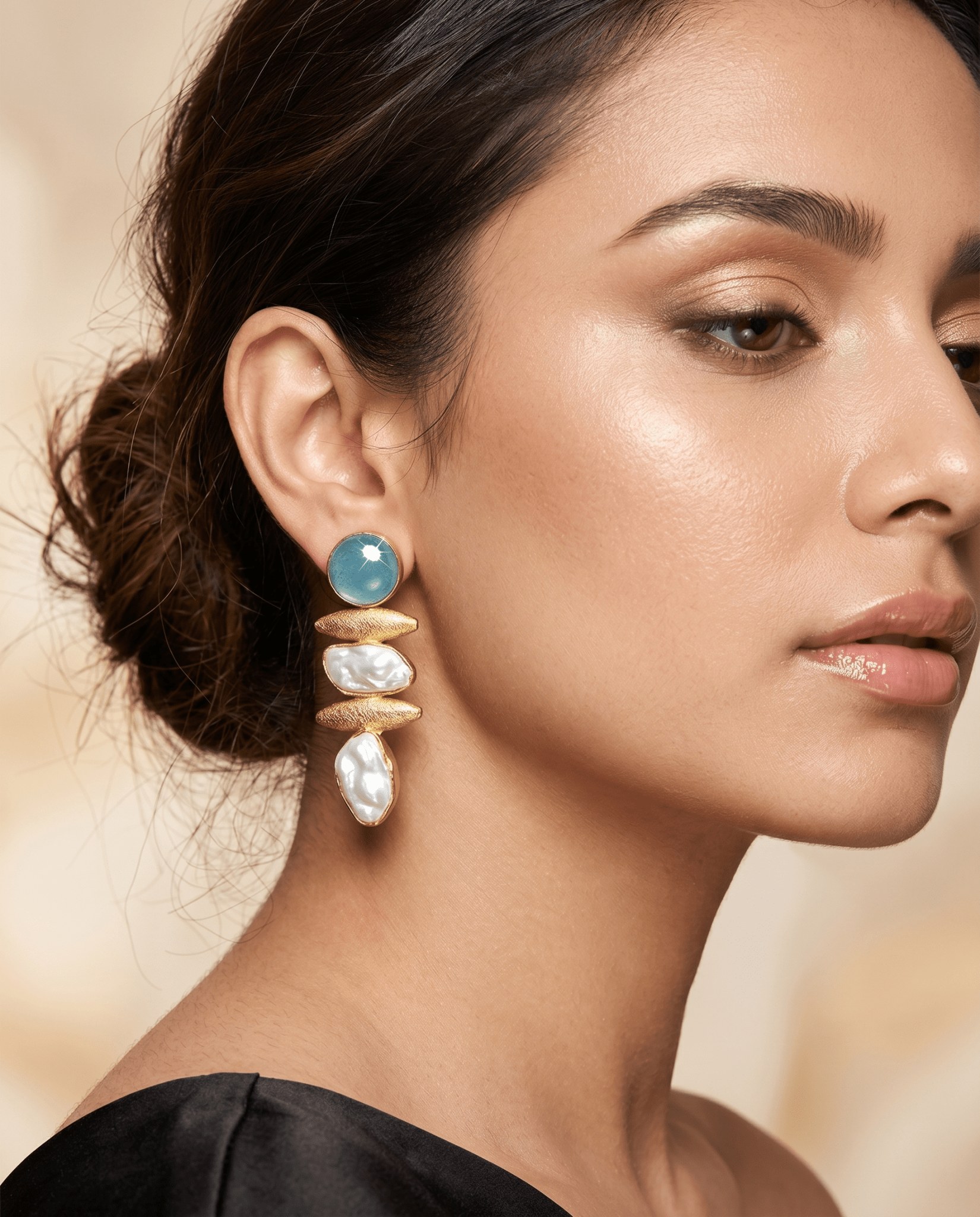 Aqua Chalcedony & Baroque Pearl Drop Earrings – Gold Plated Brass - Maxiblink