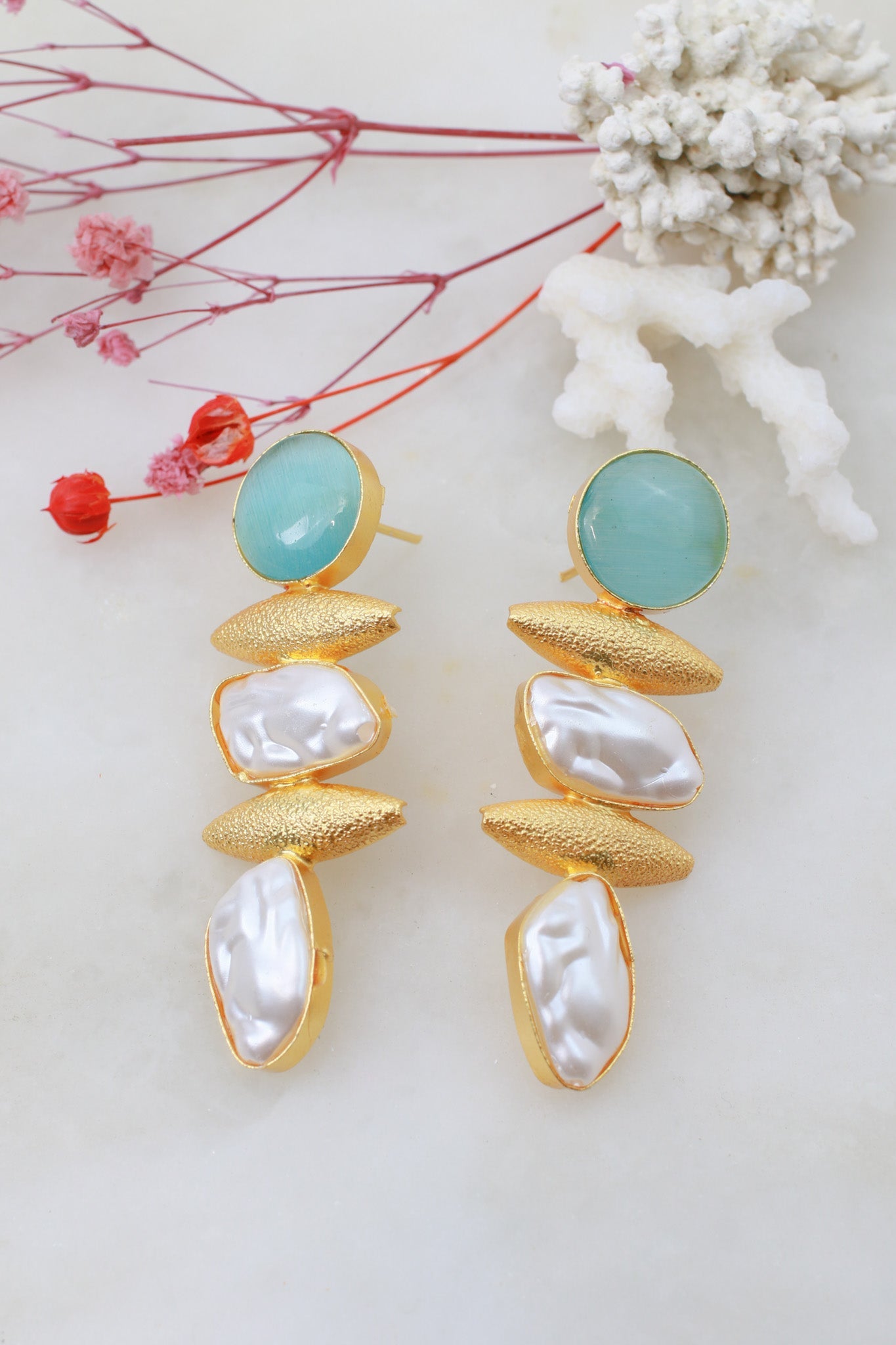 Aqua Chalcedony & Baroque Pearl Drop Earrings – Gold Plated Brass - Maxiblink