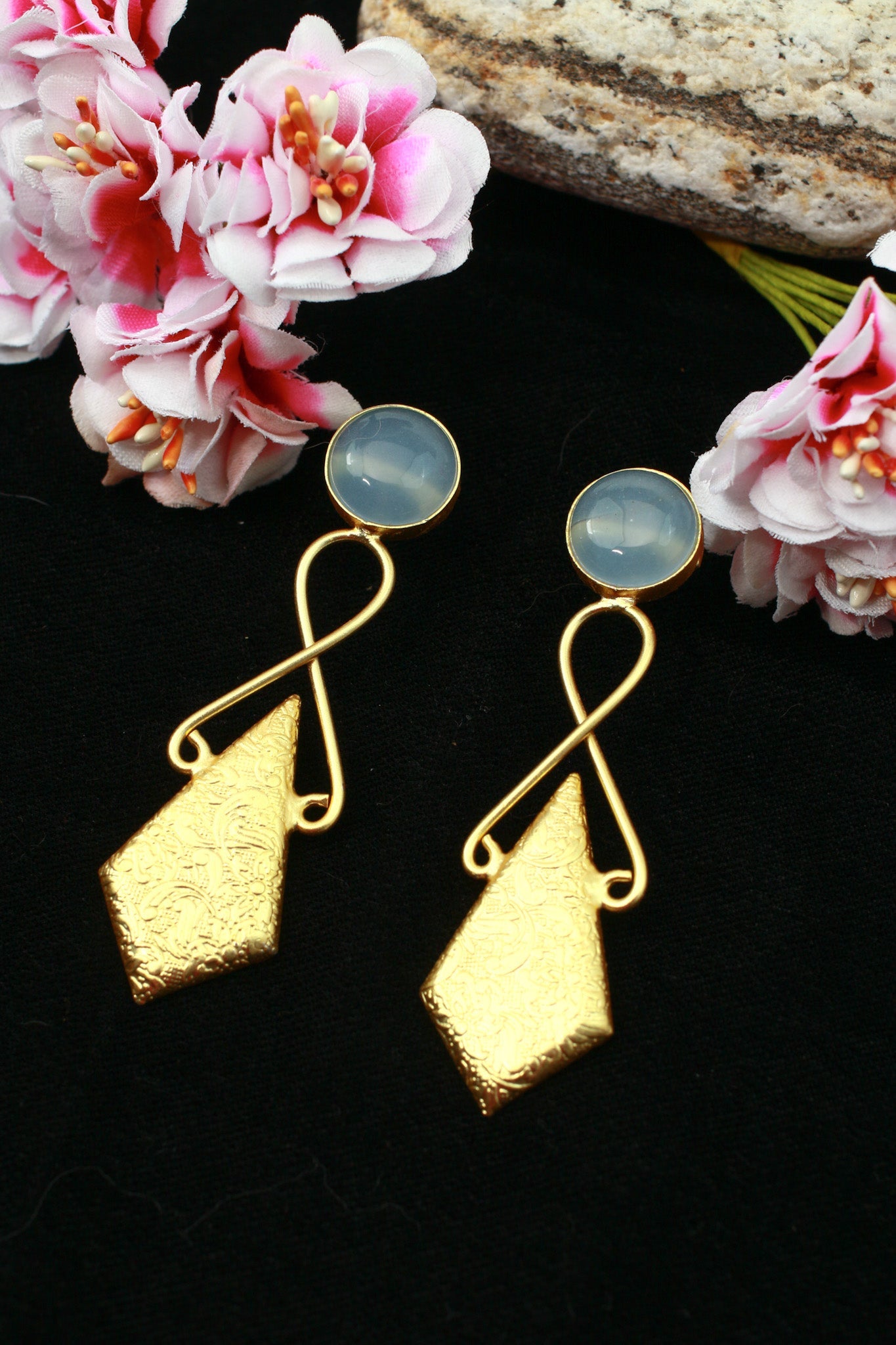 Aqua Chalcedony Infinity & Engraved Kite Drop Earrings – Gold Plated Brass - Maxiblink