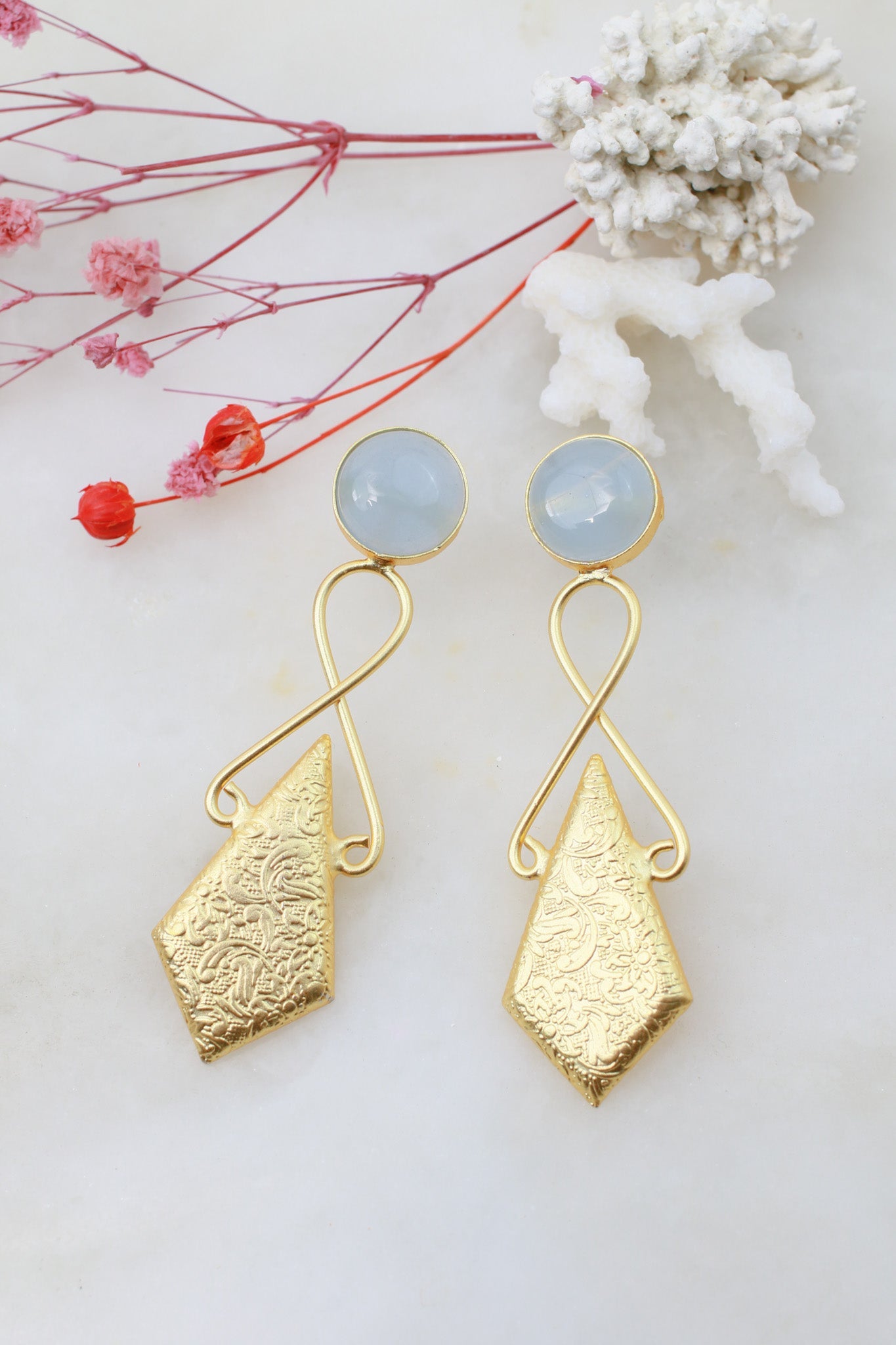 Aqua Chalcedony Infinity & Engraved Kite Drop Earrings – Gold Plated Brass - Maxiblink