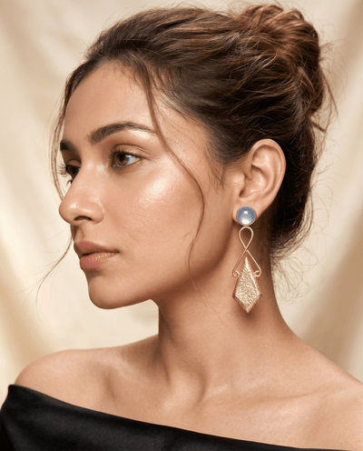 Aqua Chalcedony Infinity & Engraved Kite Drop Earrings – Gold Plated Brass - Maxiblink