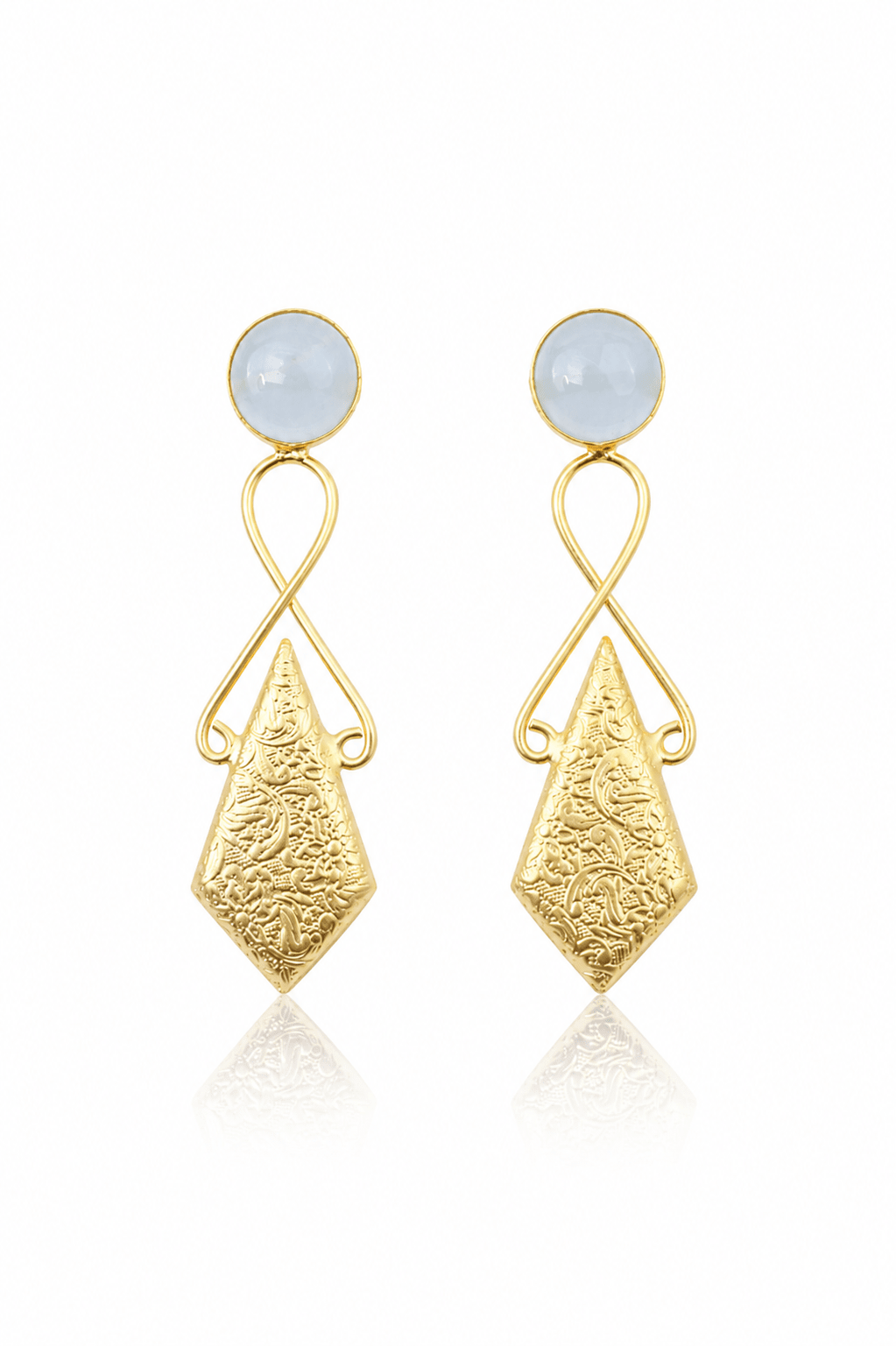 Aqua Chalcedony Infinity & Engraved Kite Drop Earrings – Gold Plated Brass - Maxiblink