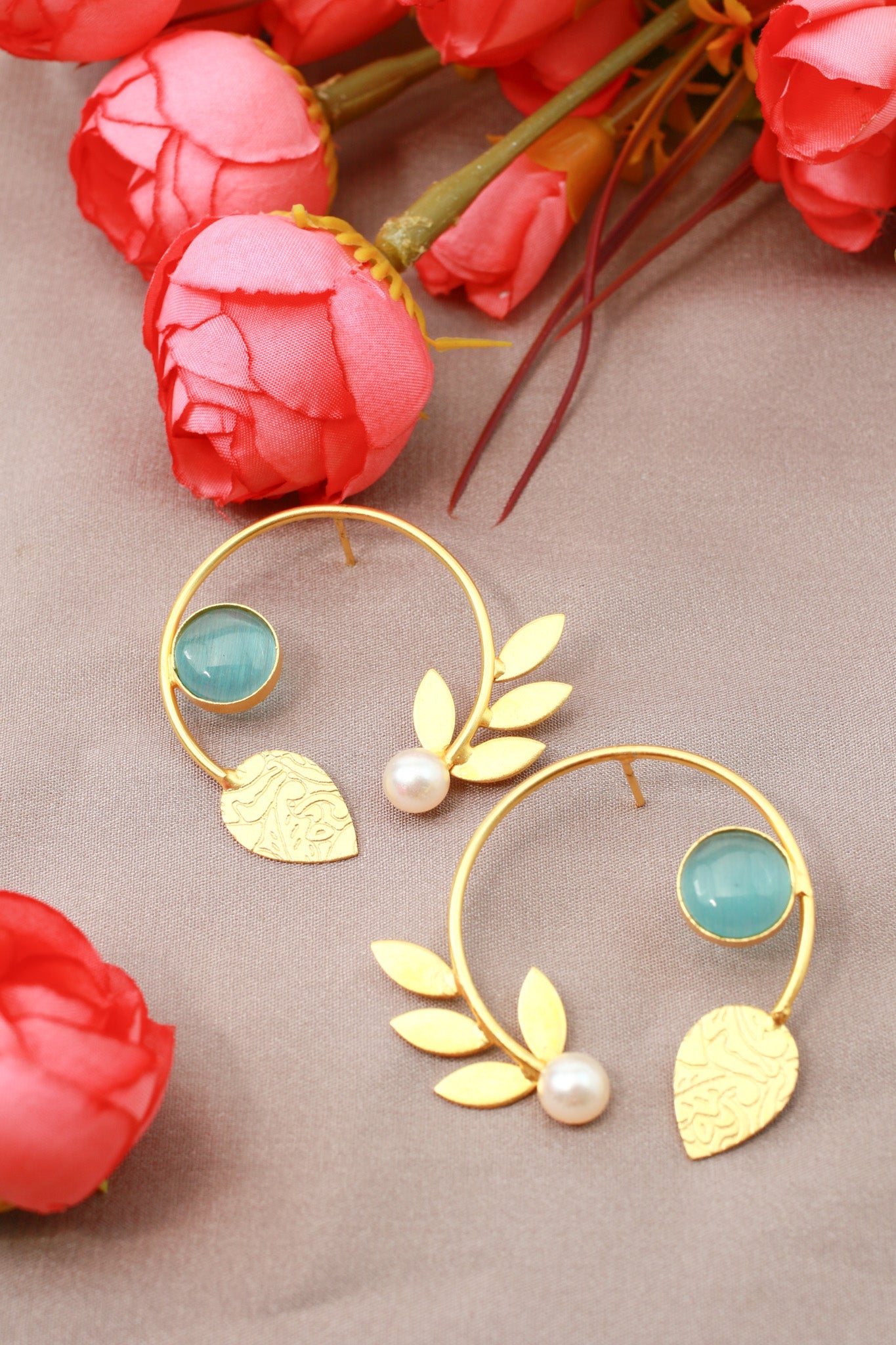 Aqua Chalcedony Laurel Hoop & Pearl Earrings – Gold Plated Brass - Maxiblink