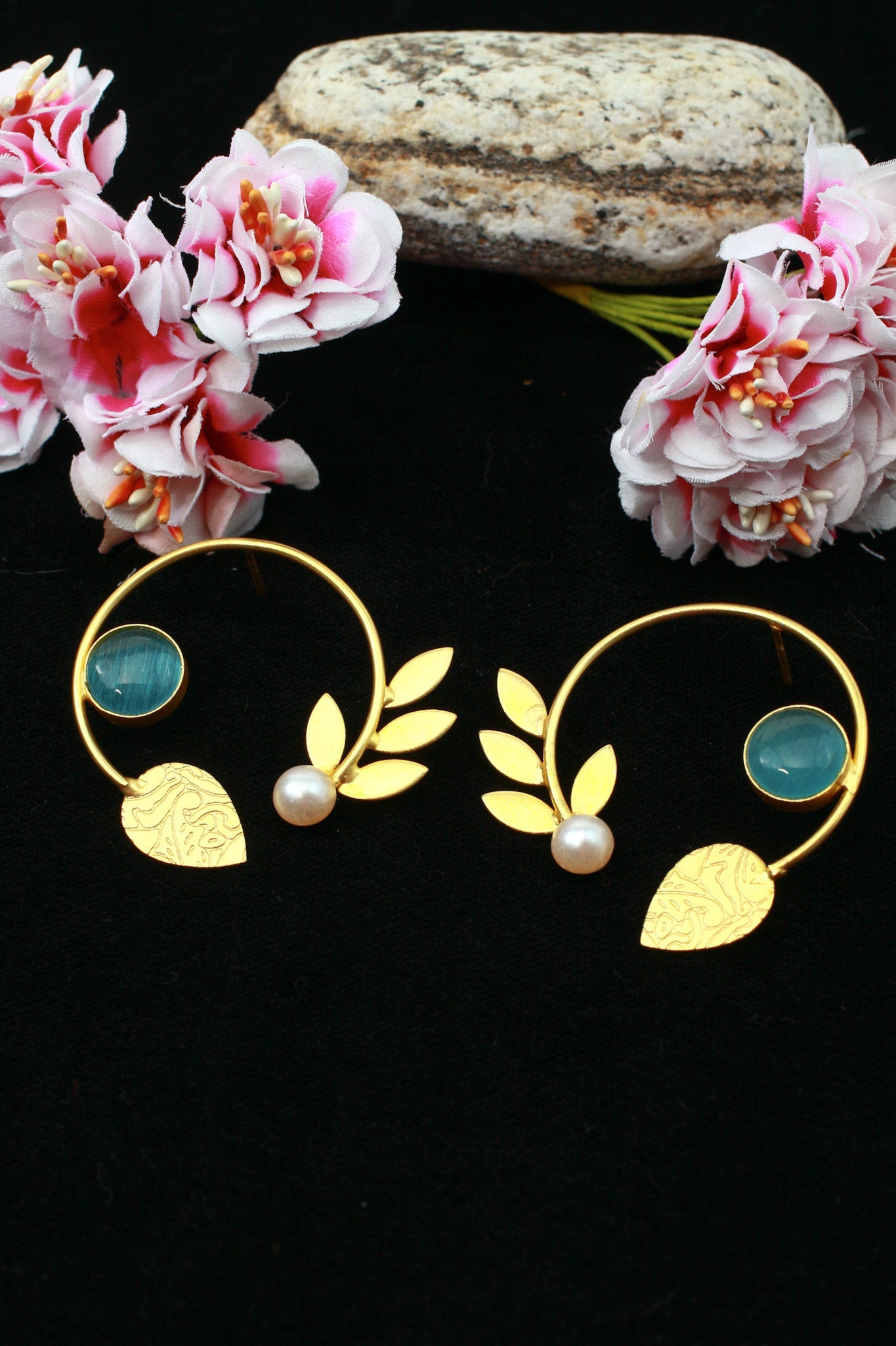 Aqua Chalcedony Laurel Hoop & Pearl Earrings – Gold Plated Brass - Maxiblink