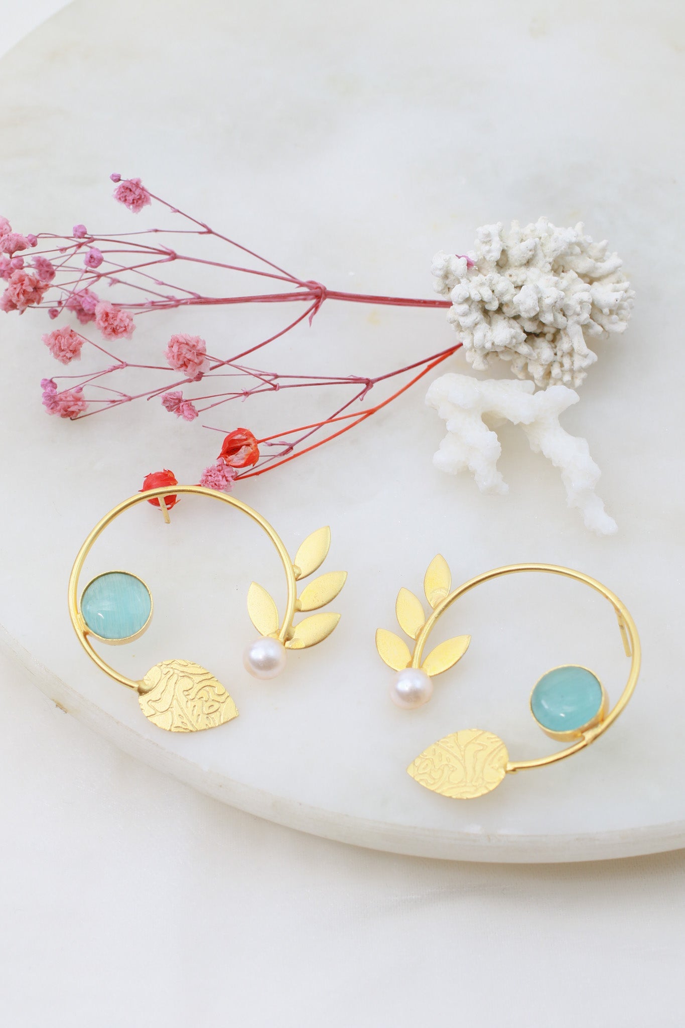 Aqua Chalcedony Laurel Hoop & Pearl Earrings – Gold Plated Brass - Maxiblink