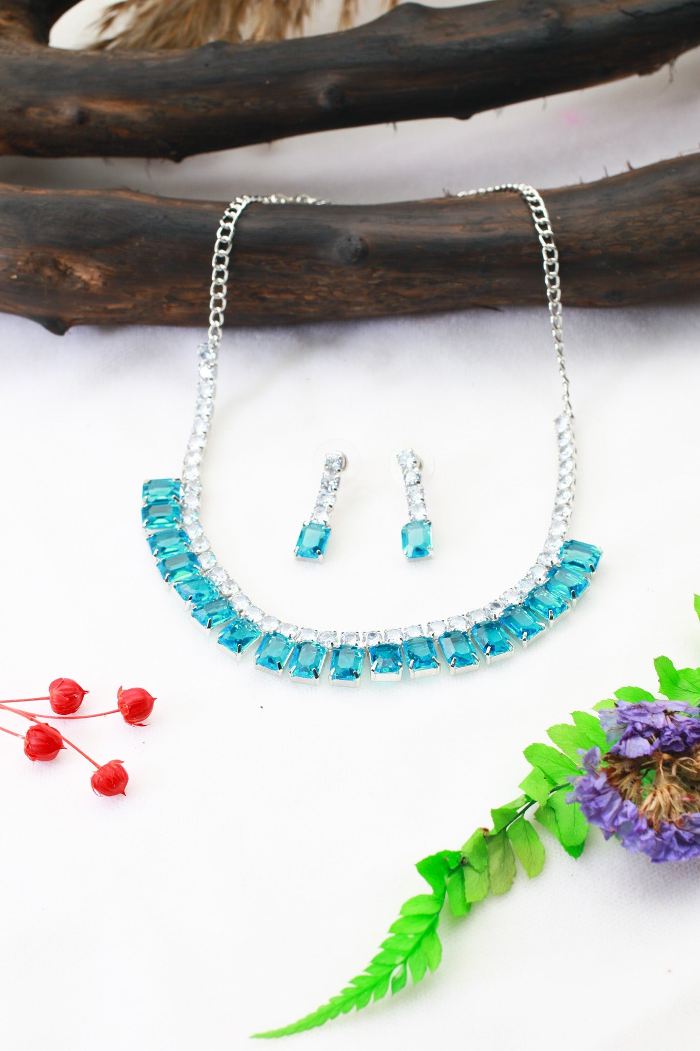 Aqua Emerald Cut Korean Glass Stone Necklace Set | Premium Crystal Jewellery - Maxiblink