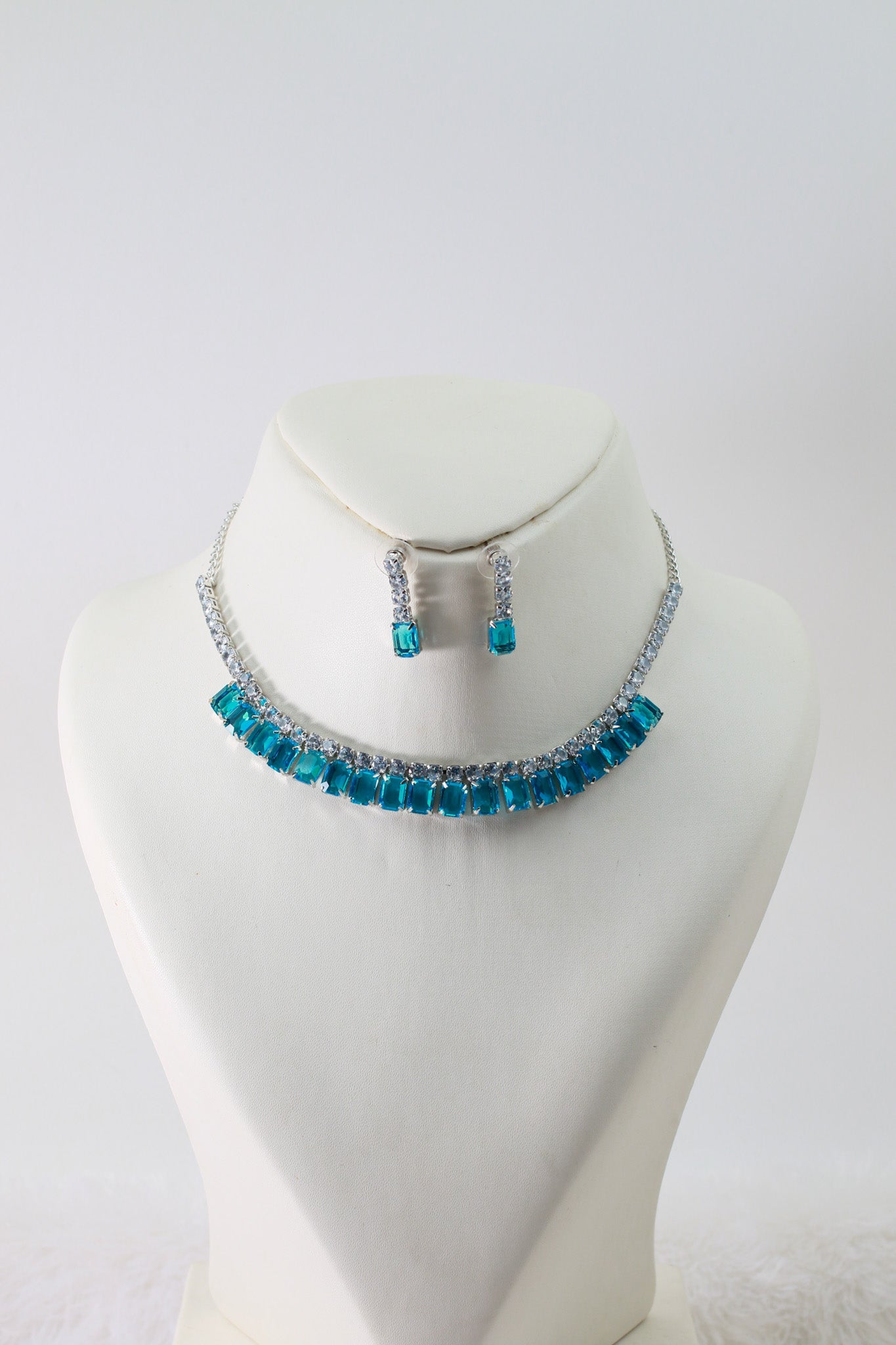Aqua Emerald Cut Korean Glass Stone Necklace Set | Premium Crystal Jewellery - Maxiblink