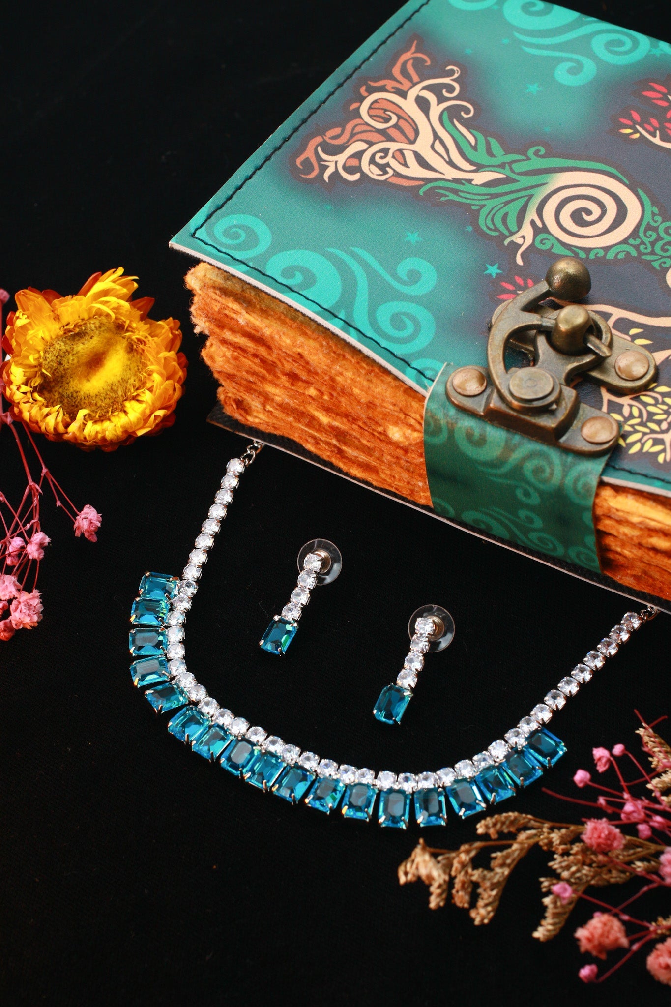 Aqua Emerald Cut Korean Glass Stone Necklace Set | Premium Crystal Jewellery - Maxiblink