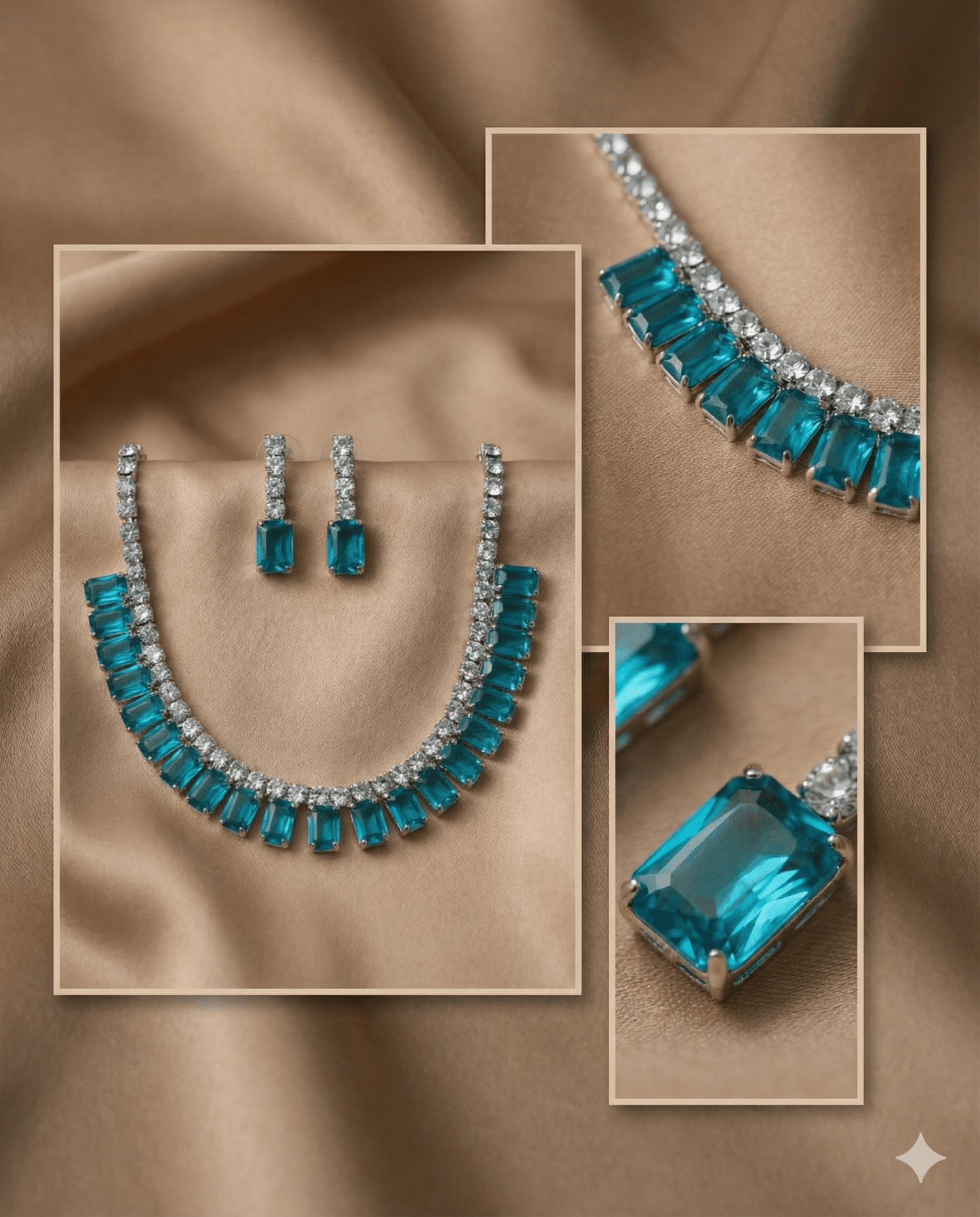 Aqua Emerald Cut Korean Glass Stone Necklace Set | Premium Crystal Jewellery - Maxiblink