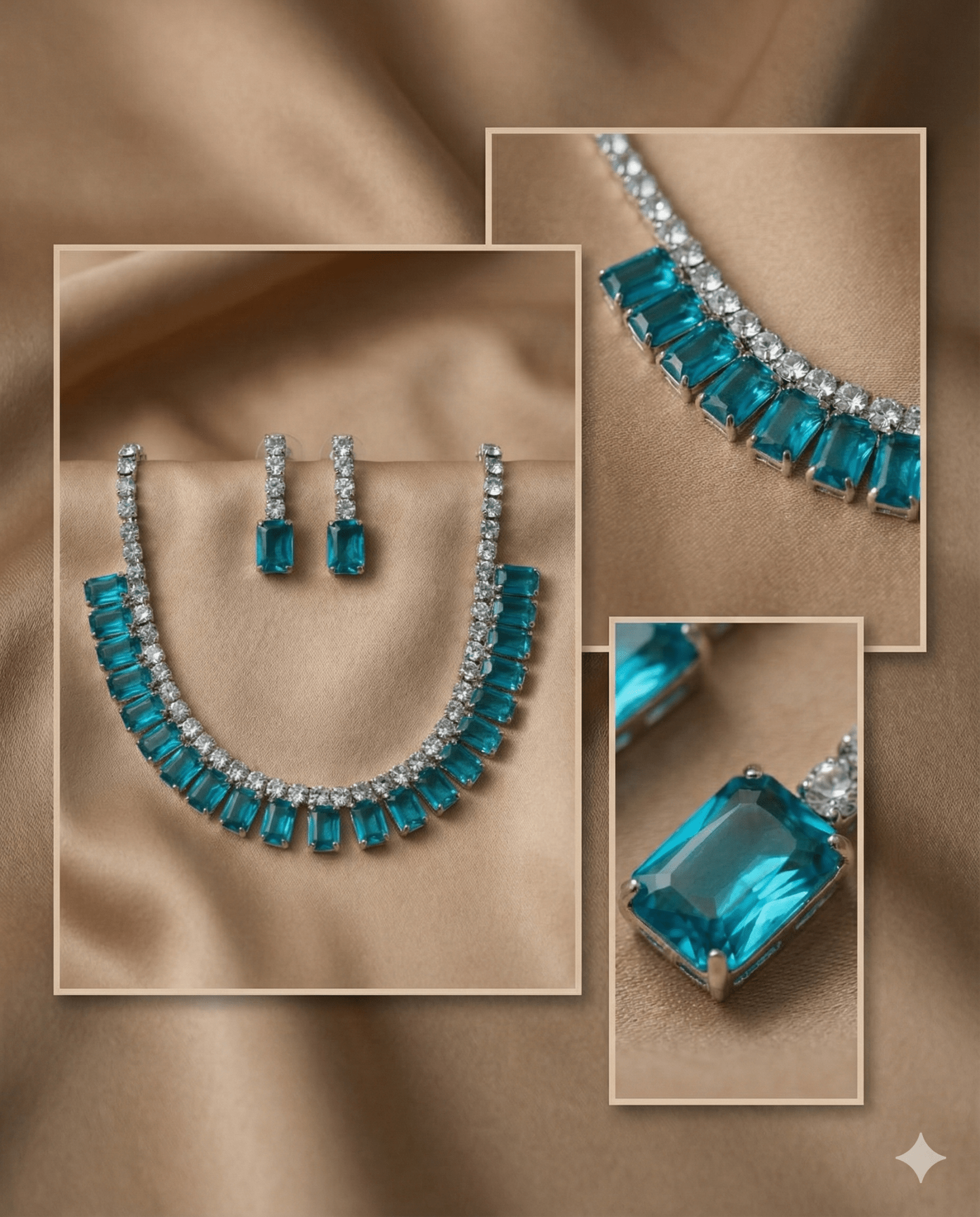Aqua Emerald Cut Korean Glass Stone Necklace Set | Premium Crystal Jewellery - Maxiblink
