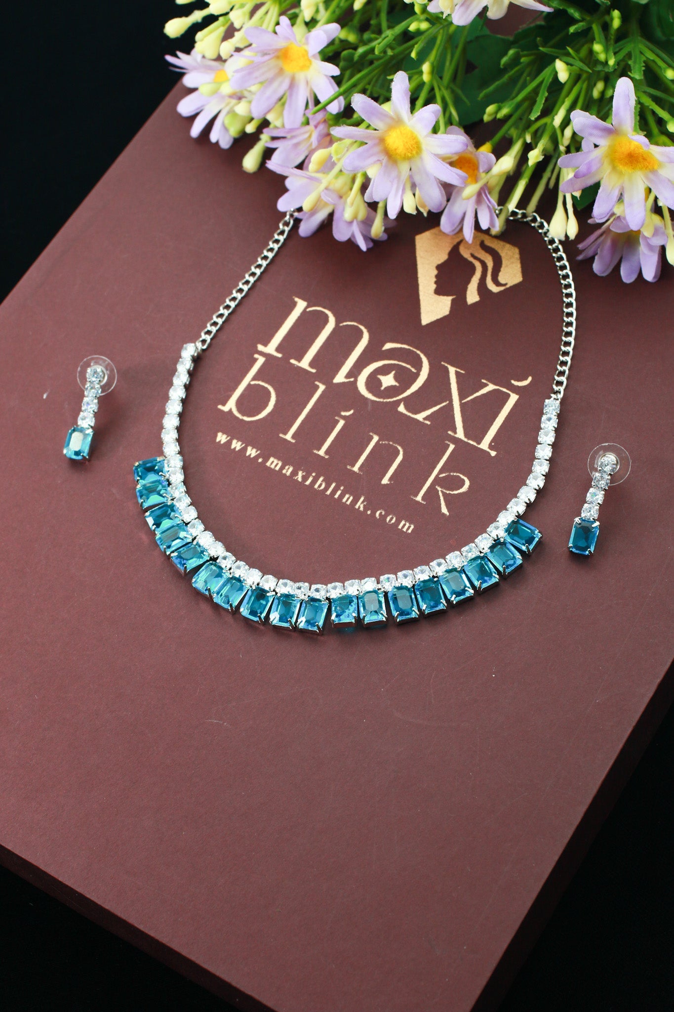 Aqua Emerald Cut Korean Glass Stone Necklace Set | Premium Crystal Jewellery - Maxiblink