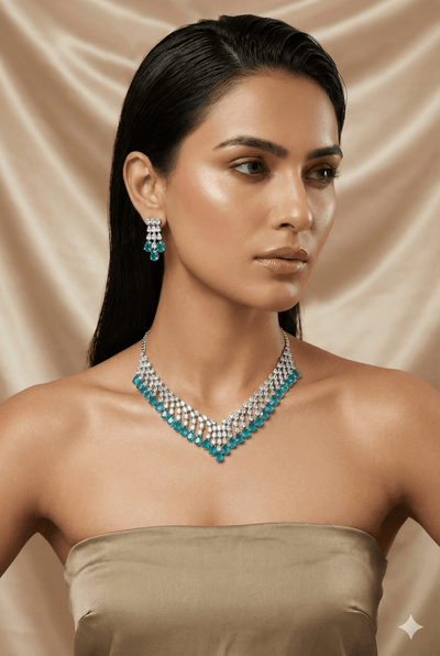 Aqua Layered Korean Glass Stone Necklace Set | Premium Jewellery - Maxiblink