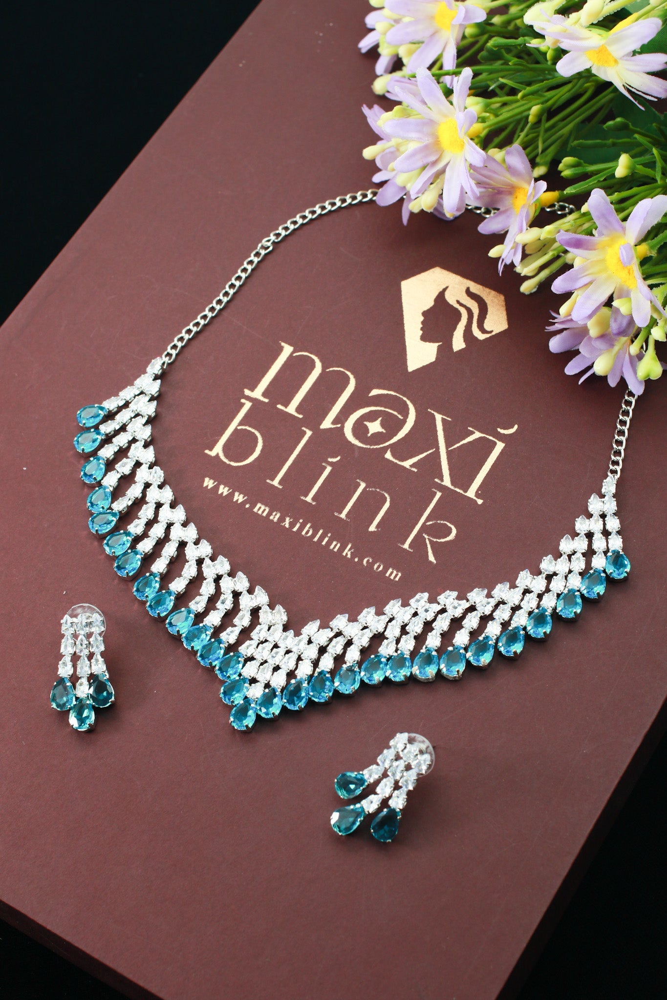 Aqua Layered Korean Glass Stone Necklace Set | Premium Jewellery - Maxiblink
