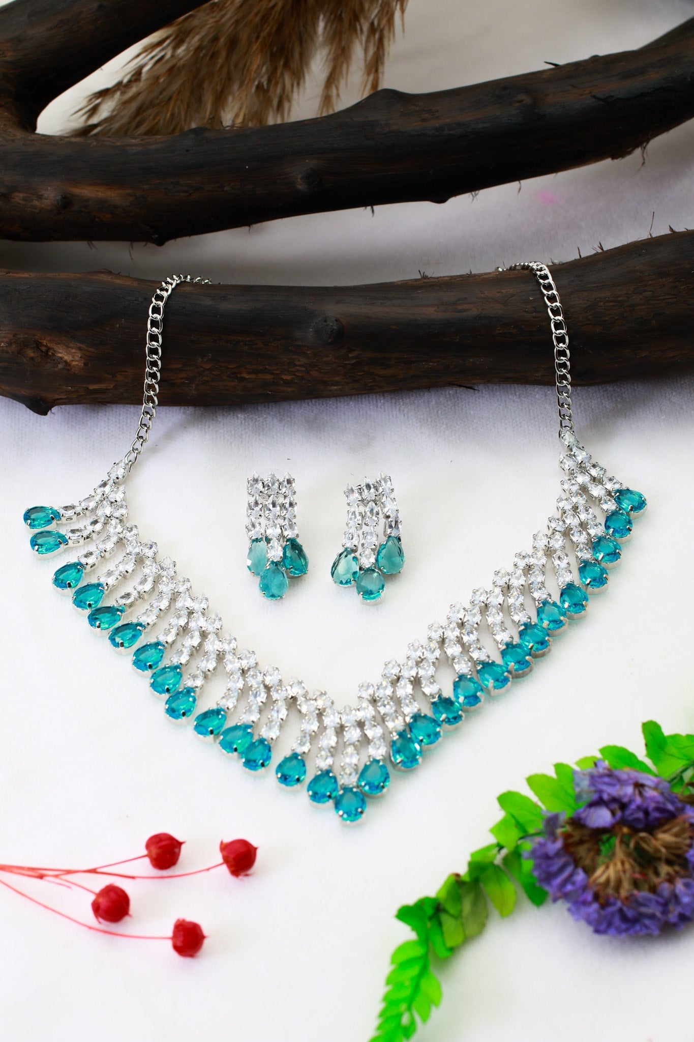 Aqua Layered Korean Glass Stone Necklace Set | Premium Jewellery - Maxiblink