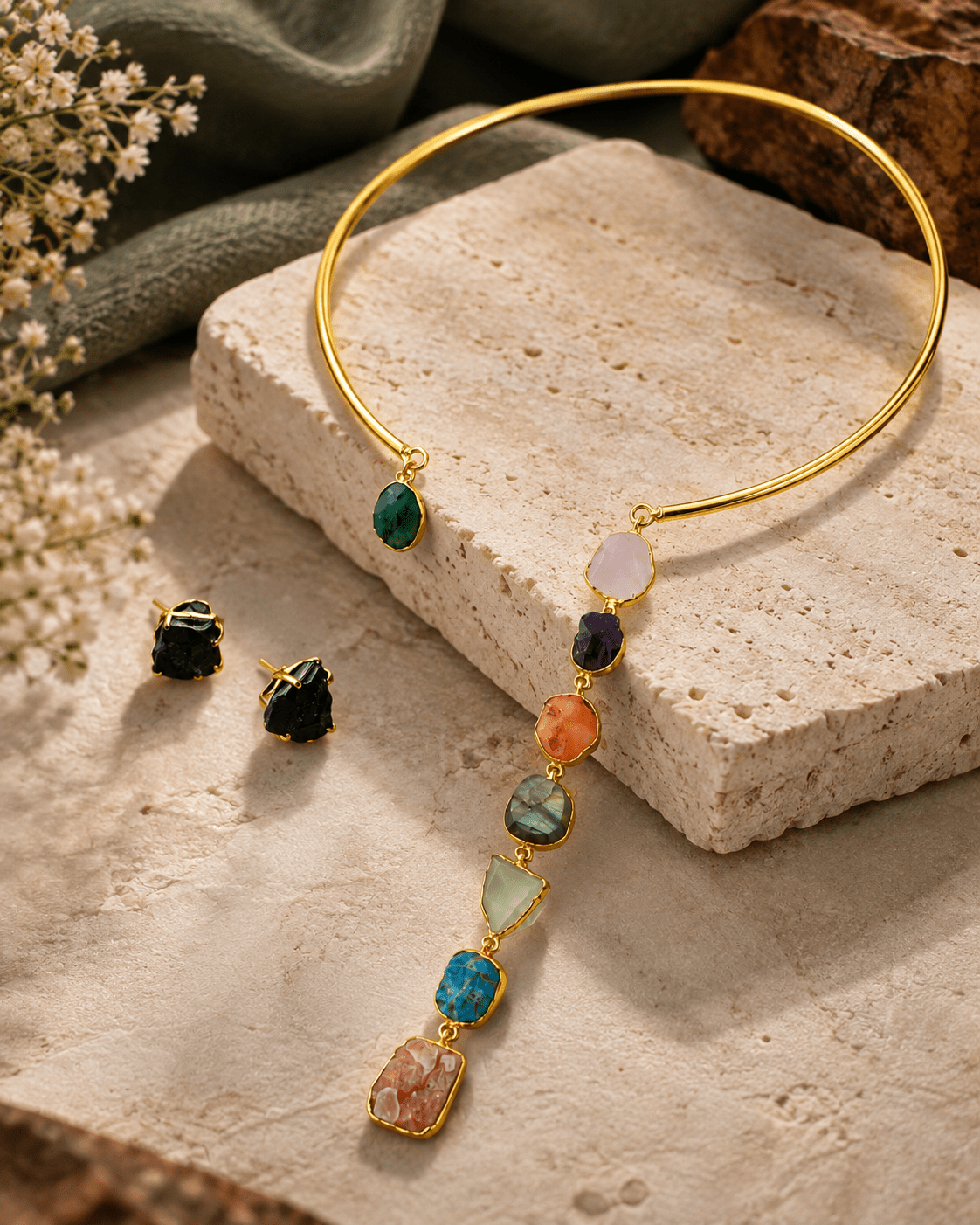 Asymmetric Raw Stone Drop Hansuli Necklace Set - Maxiblink