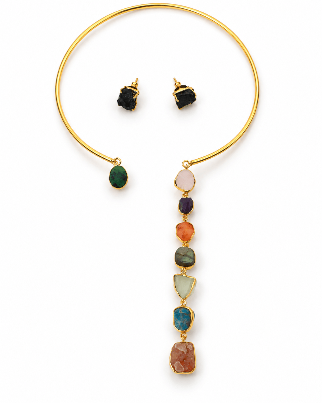 Asymmetric Raw Stone Drop Hansuli Necklace Set - Maxiblink