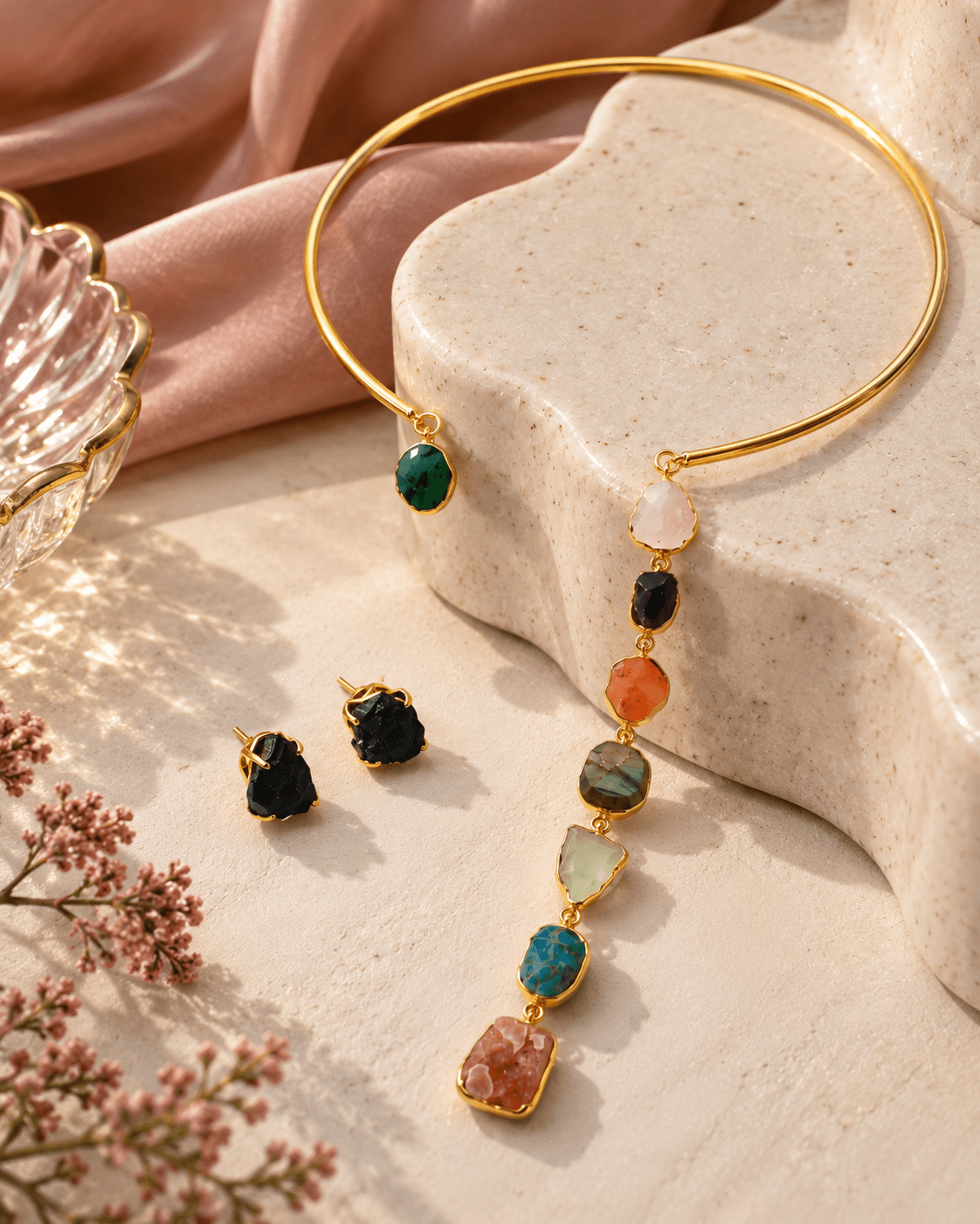 Asymmetric Raw Stone Drop Hansuli Necklace Set - Maxiblink