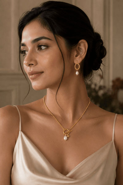Asymmetrical Pearl Ball Chain Necklace & Earrings Set – 18K Gold Plated