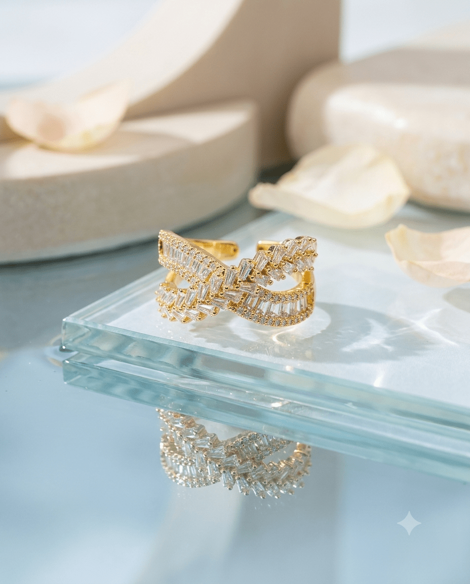 Baguette Crossover Cocktail Ring, free-size open band — MaxiBlink gold-plated demi-fine jewellery