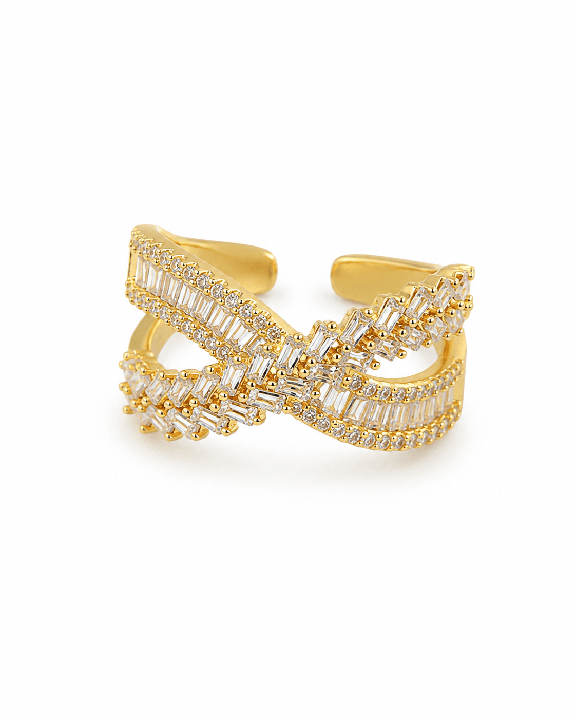 Baguette Crossover Cocktail Ring — anti-tarnish adjustable free-size ring, MaxiBlink demi-fine