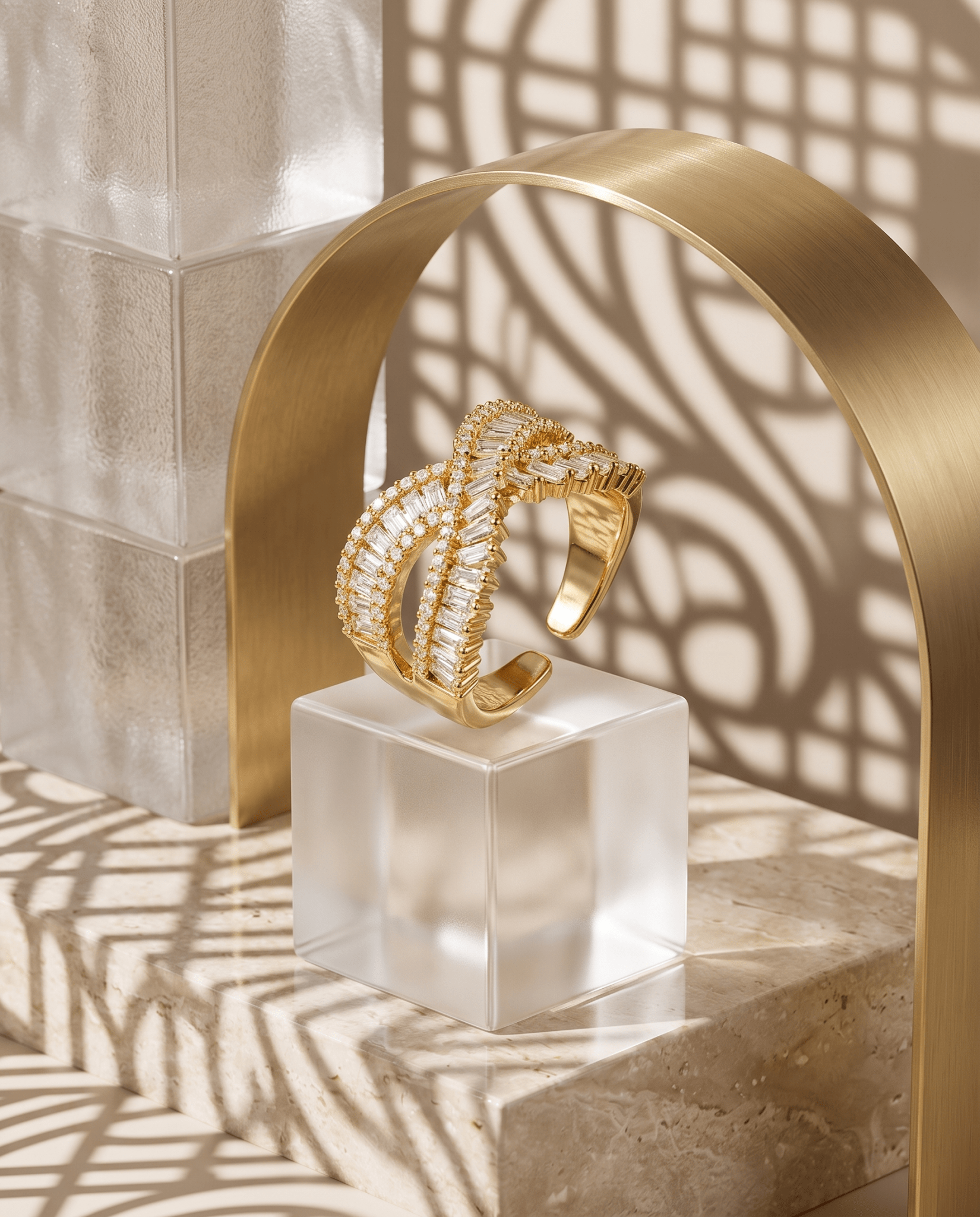 Baguette Crossover Cocktail Ring close-up detail — 18K gold-plated anti-tarnish ring, MaxiBlink