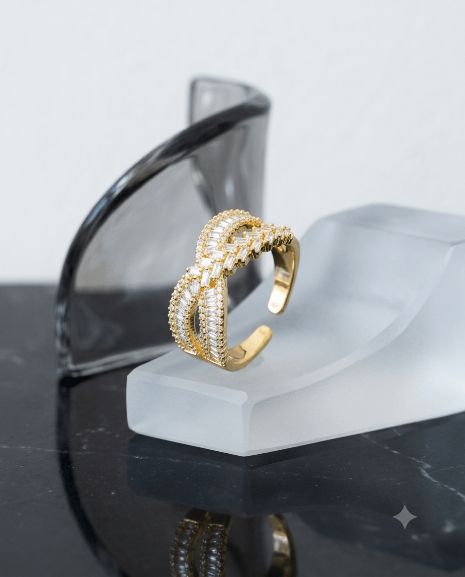 gold-plated baguette ring — Baguette Crossover Cocktail Ring by MaxiBlink