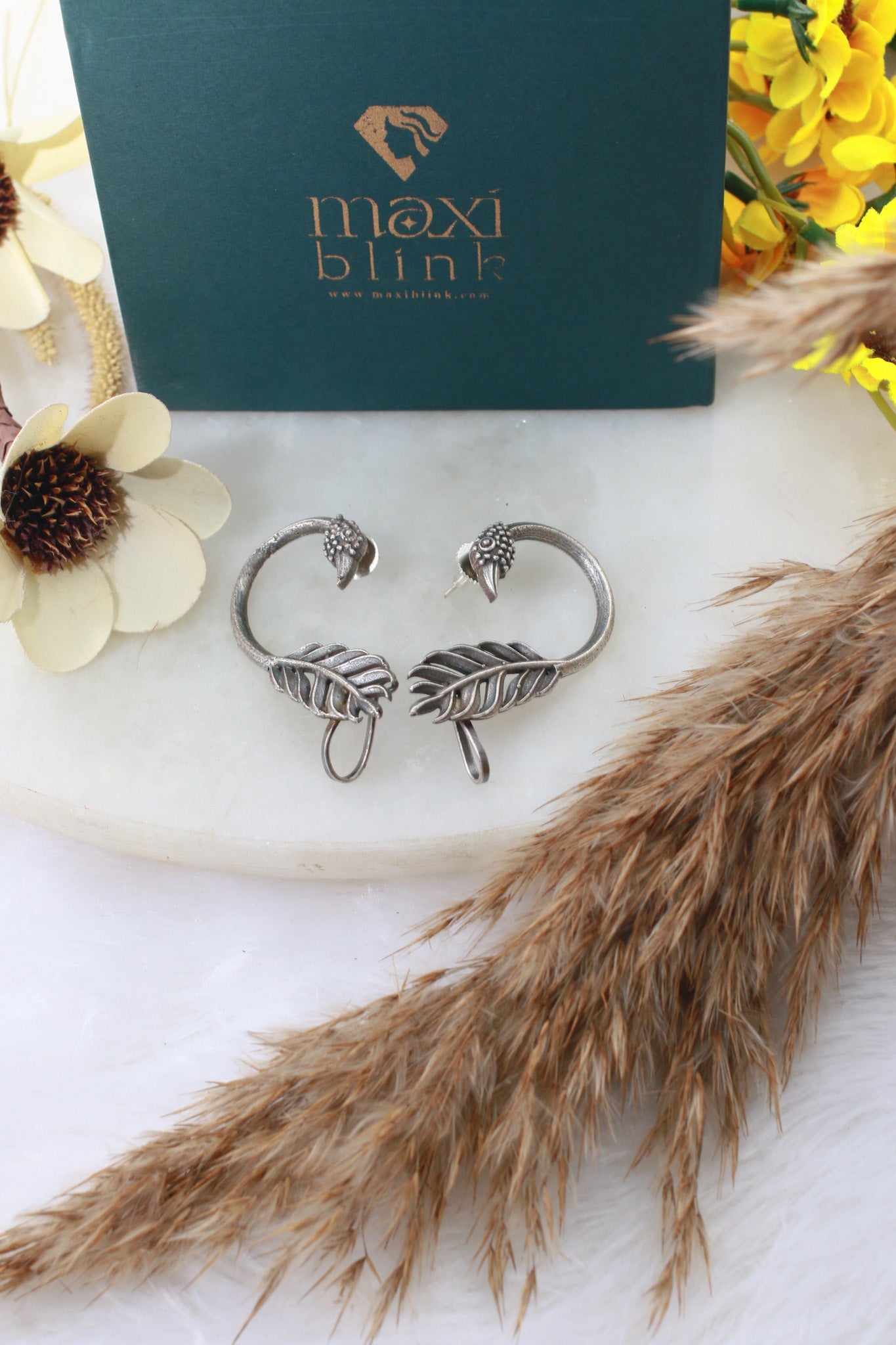 Bird & Feather Oxidised German Silver Ear Cuff | Artistic Boho Ear Wrap - Maxiblink