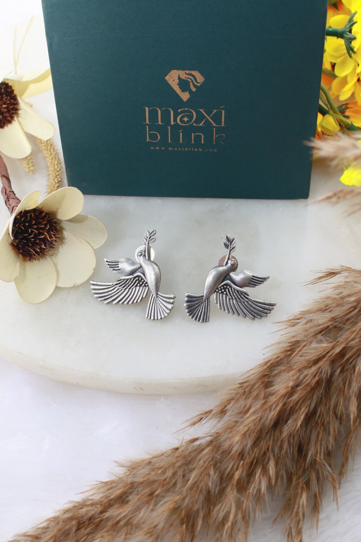 Bird & Olive Branch Oxidised German Silver Earrings | Peace Dove Inspired Earrings - Maxiblink