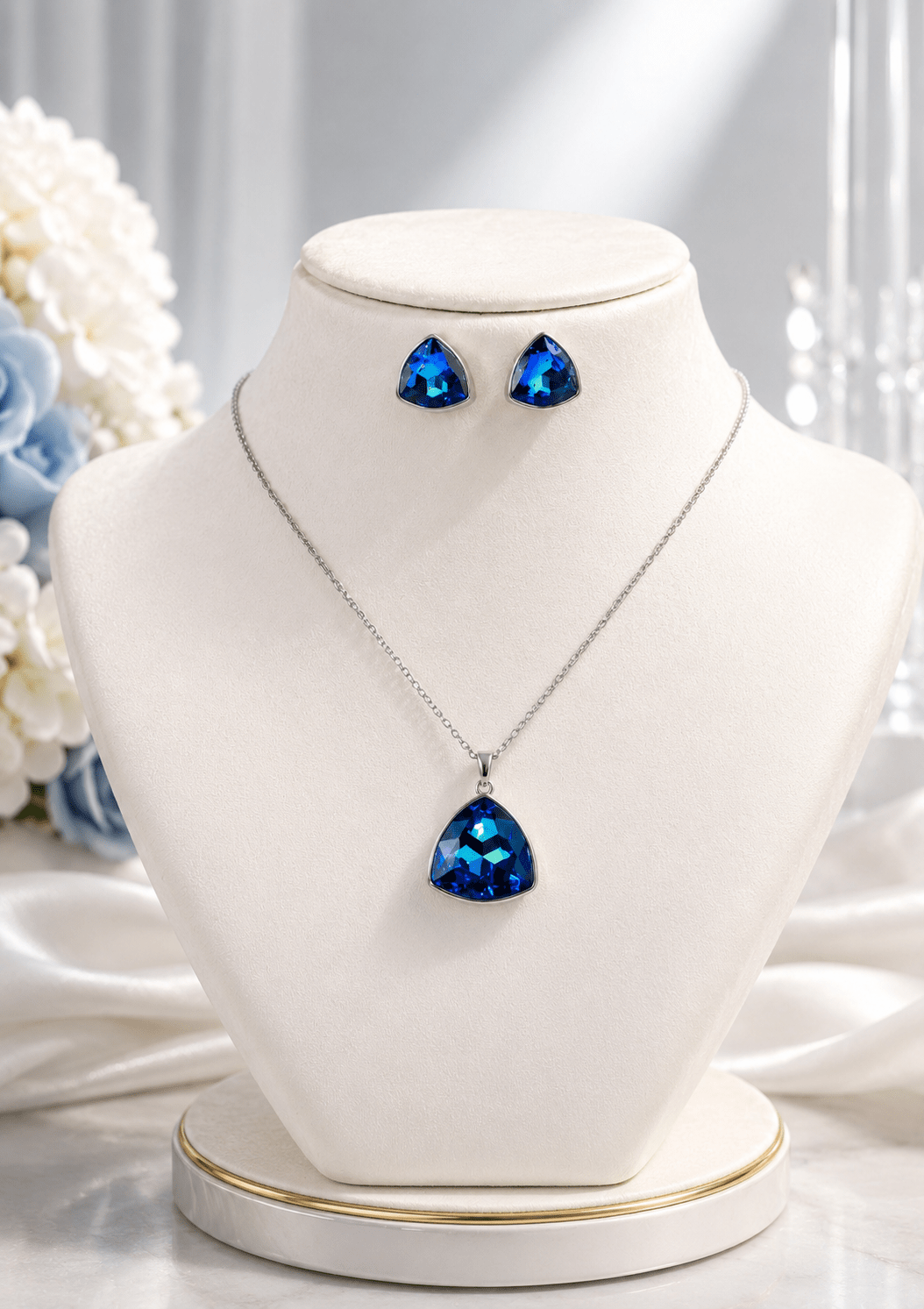 Blue Bermuda Crystal Cushion Trillion Pendant Set - Maxiblink