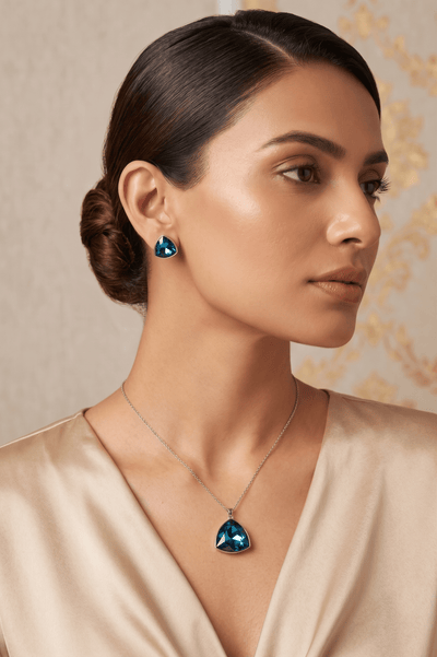 Blue Bermuda Crystal Cushion Trillion Pendant Set - Maxiblink