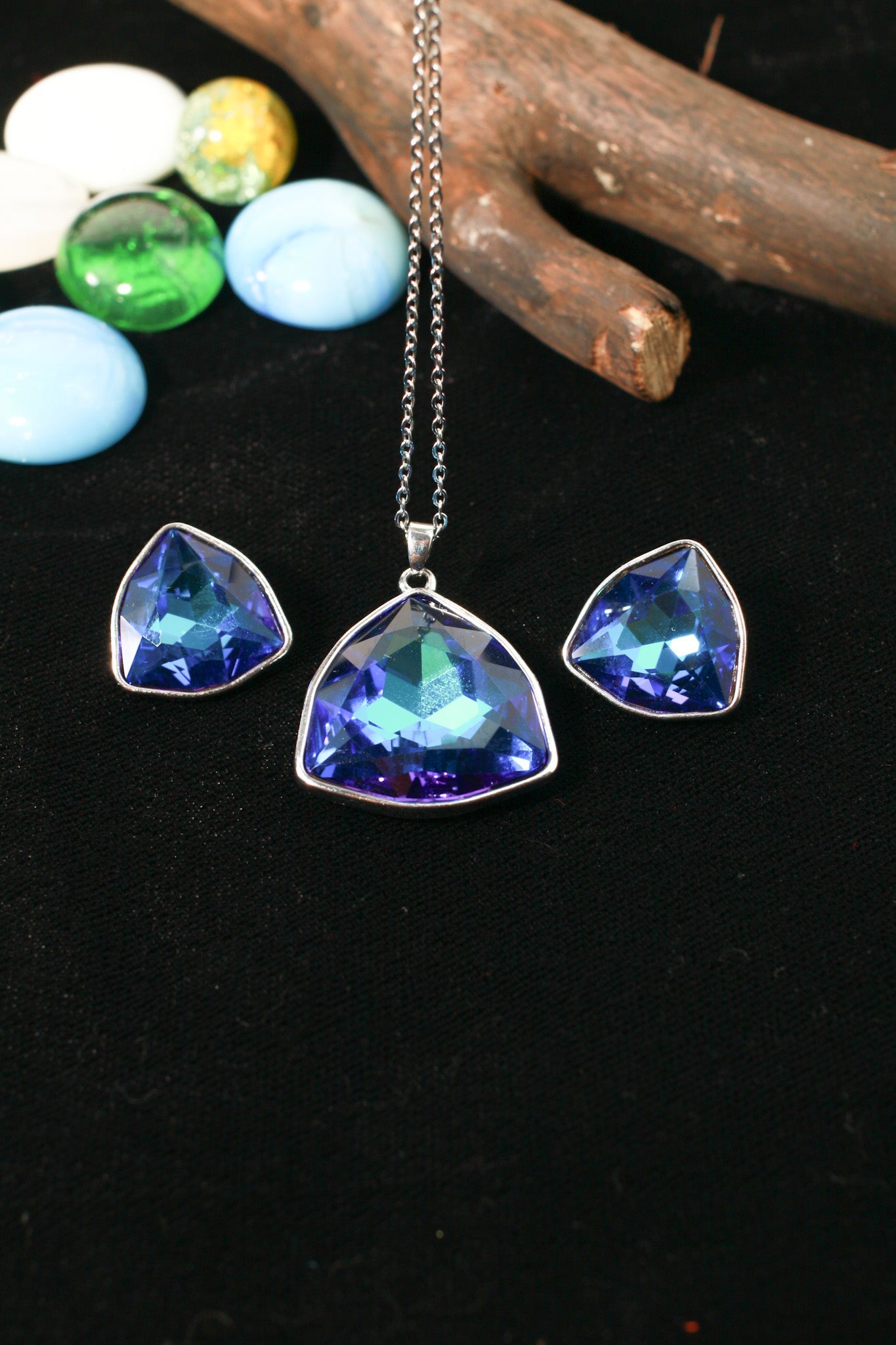 Blue Bermuda Crystal Cushion Trillion Pendant Set - Maxiblink