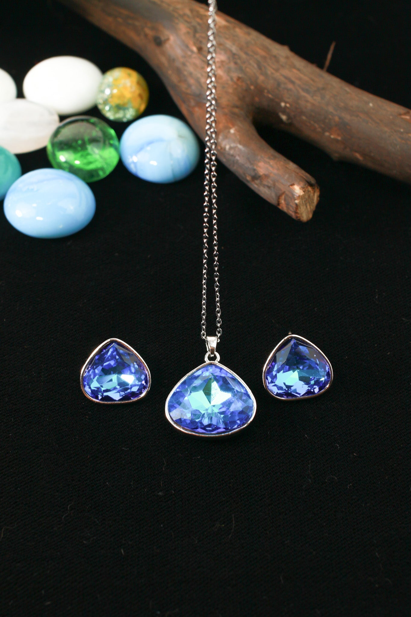 Blue Bermuda Crystal Trillion Pendant Set - Maxiblink